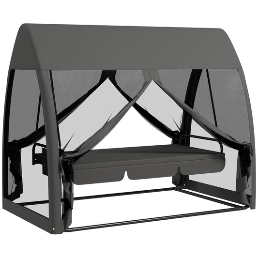 Outsunny 3 Seater Swing Chair 2 in 1 Garden Swing Seat Bed Convertible Outdoor Rocking Bench Bed with Water-Resistant Roof, Zipped Door and Mosquito Netting, Grey