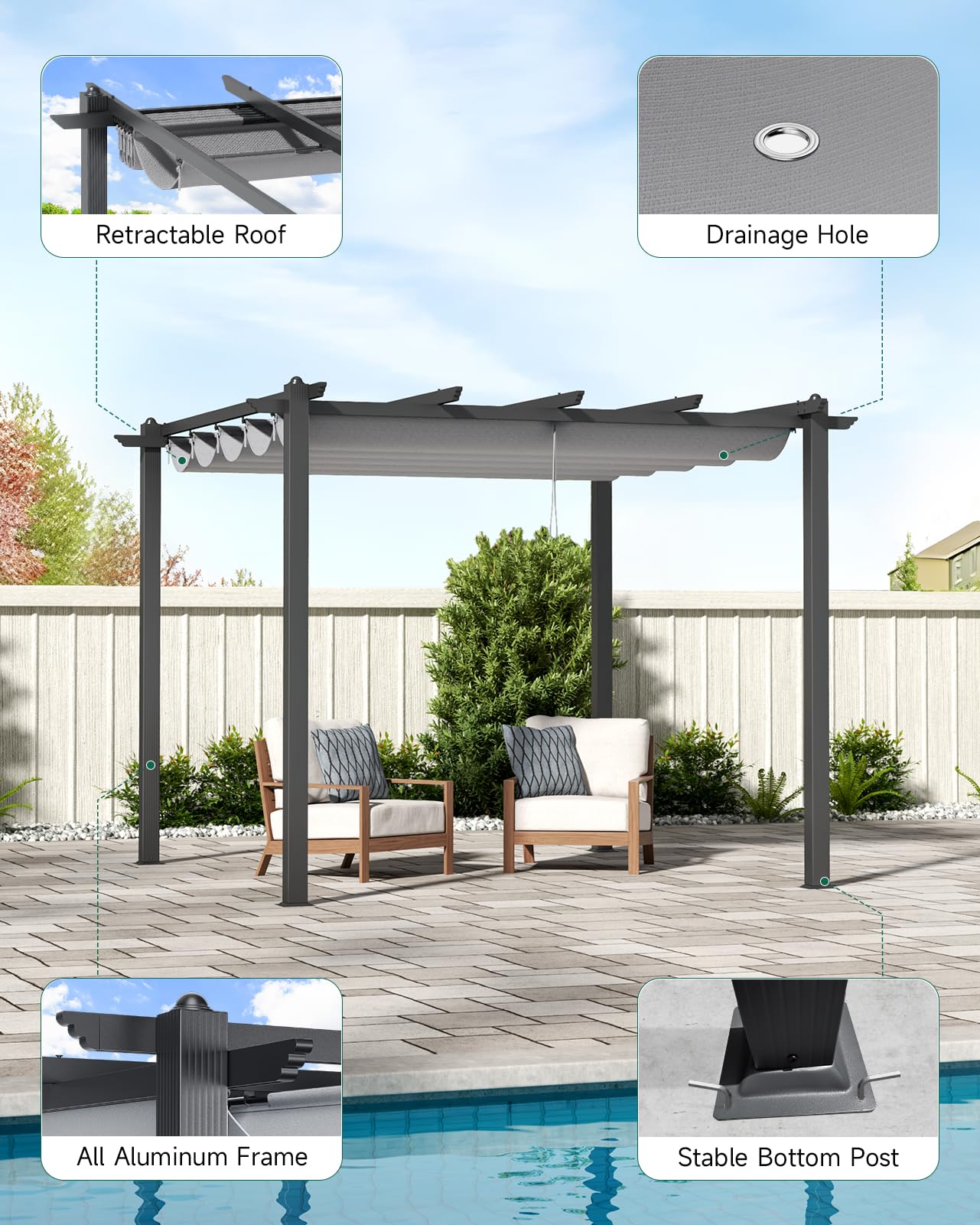The Fellie 3M x 3M Aluminium Pergola with Retractable Roof, Outdoor Garden Gazebos Water-resistant, Large Metal Retractable Pergola Sun Shade Shelter for Garden, Patio, Poolside, Party, Light Grey