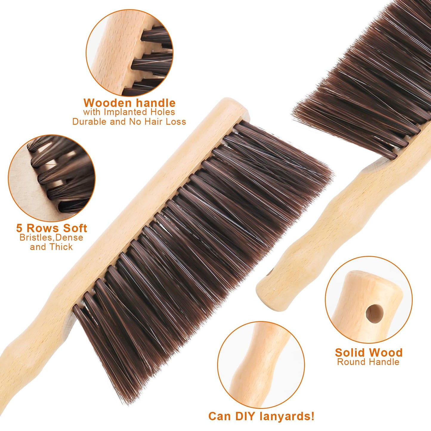 DMJJSD® 2Pcs Hand Brush, Beech Wood Soft Brush -11.8" Hand Broom Natural Solid Wooden Round Handle Brushes, 5 Rows of Soft Bristle Dust Brush Soft Broom for Counter Bed Sofa Bed Pet Fireplace Car