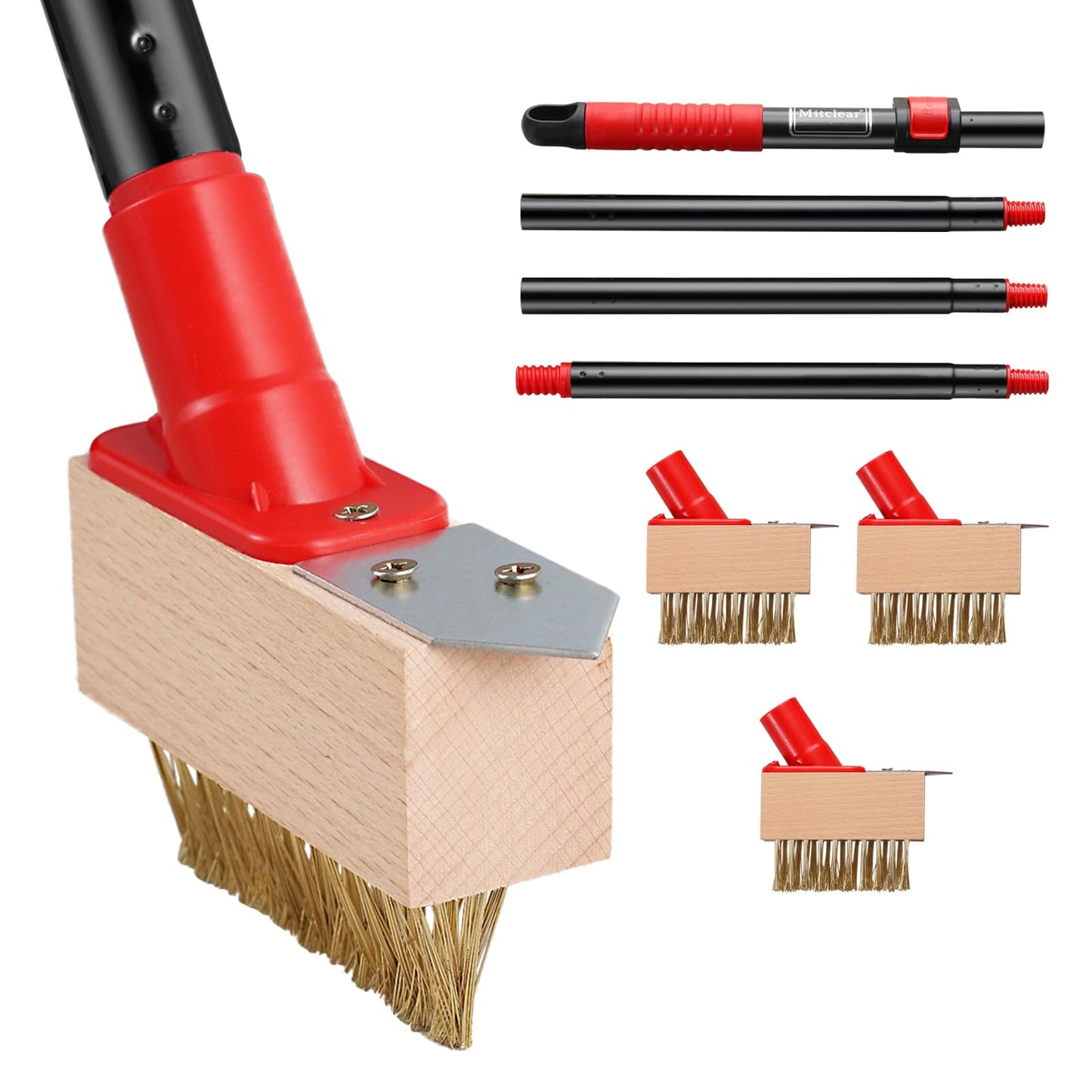 Mitclear Weed Remove Brush with Long Handle(53IN), Weed Remover Tool with V-shaped Wire Brush & Blade Scraper, Remove Weed & Moss from Block Paving Garden Path Patio Driveway (3 Brush Heads)
