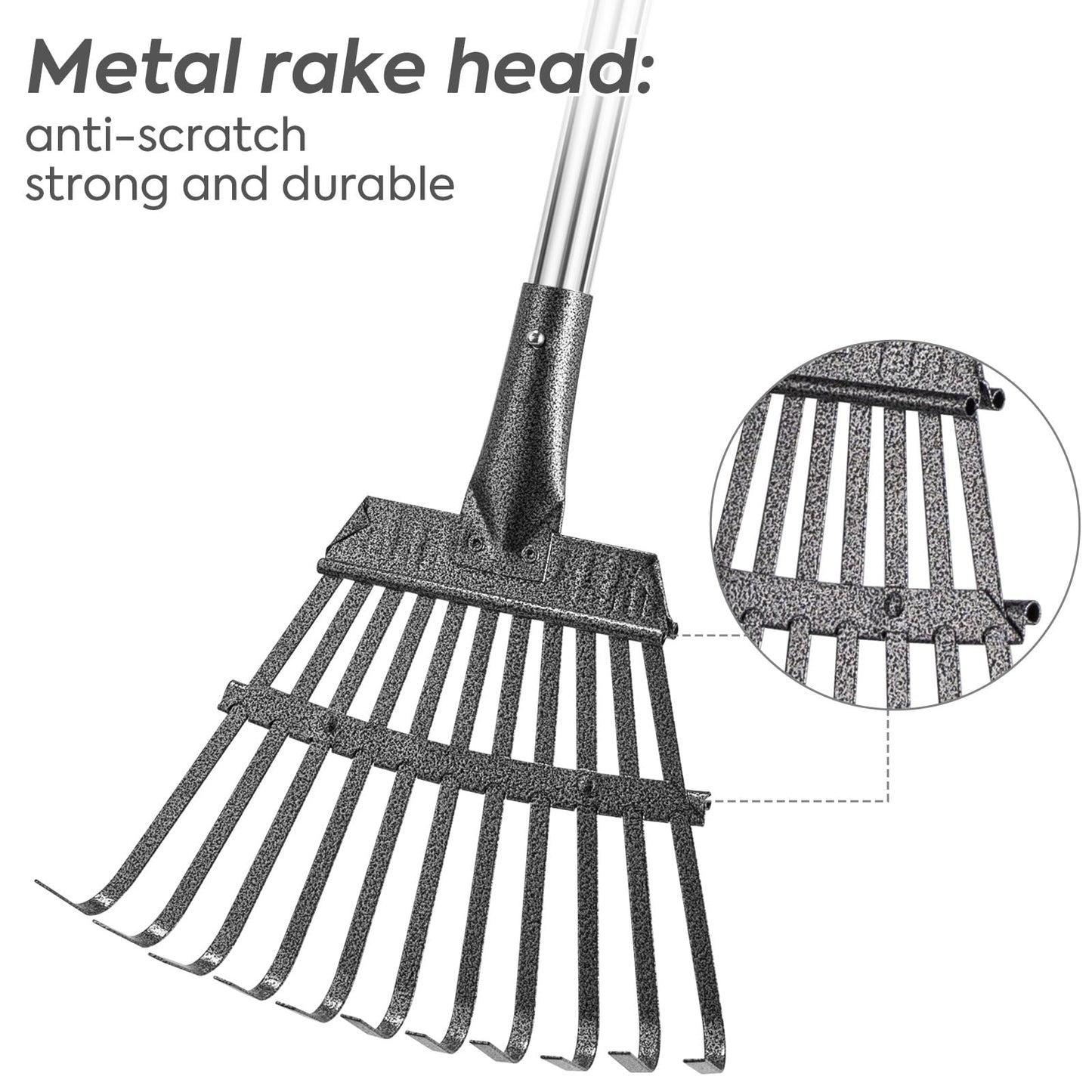 Garden Rake -Small Leaves Rakes for Gardening - 11 Metal Tines/ 9" Wide/ 32.6"-55.9" Long Handle Leaf Rakes for Lawns Heavy Duty for Yard Shrub etc with Garden Digging Gloves