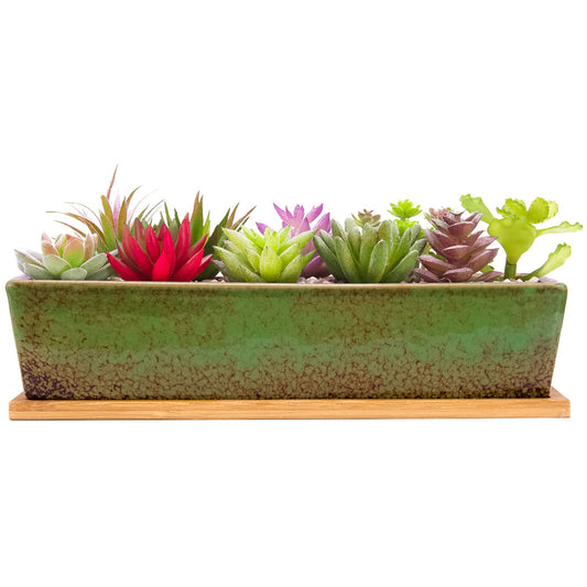 ARTKETTY 30cm Ceramic Succulent Plant Pots, Modern Long Rectangle Flower Plant Containers with Tray, Shallow Cactus Bonsai Window Box with Drainage for Indoor/Outdoor Home Decor(Green)