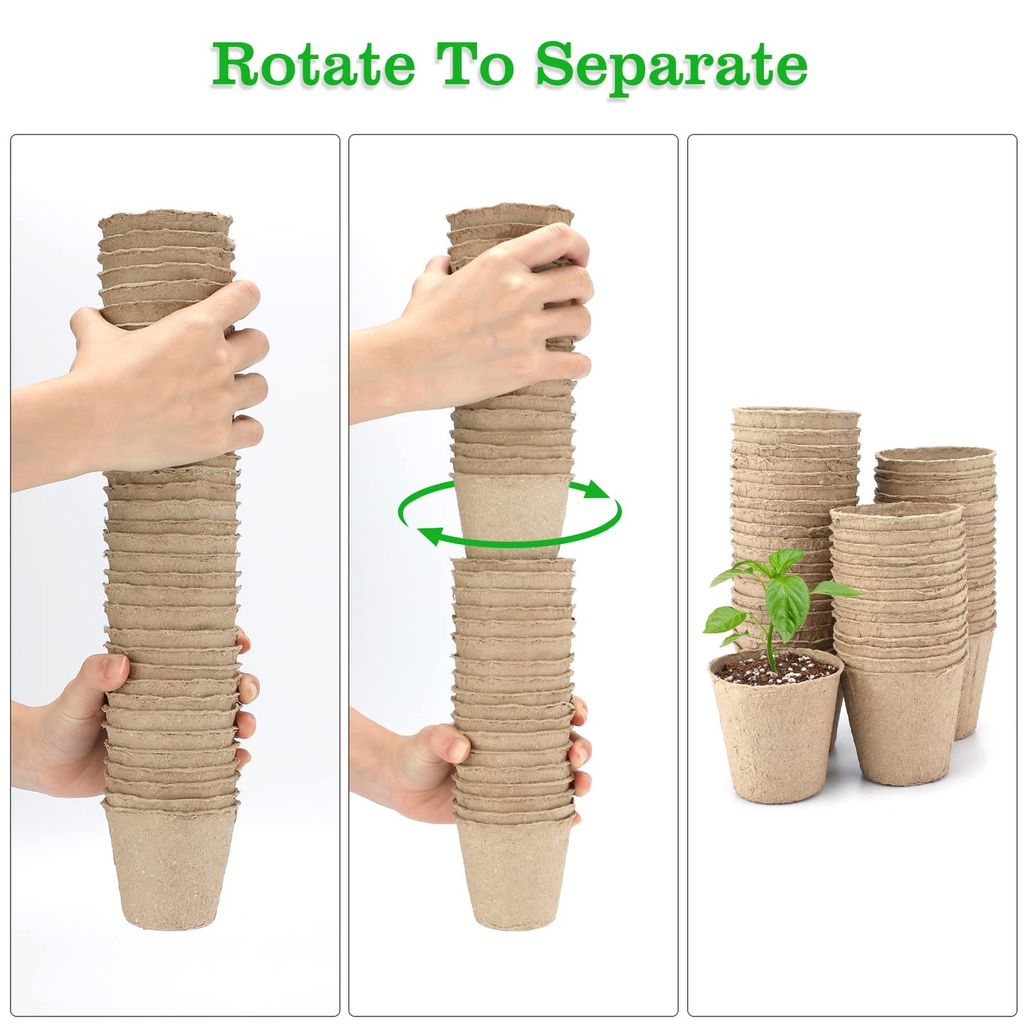 KINGLAKE 50 Pcs 6cm Small Fibre Seed Pots Biodegradable Plant Pots Round Seedling Pots with 100 Plant Labels for Growing Vegetables, Fruit, Herb, Flower