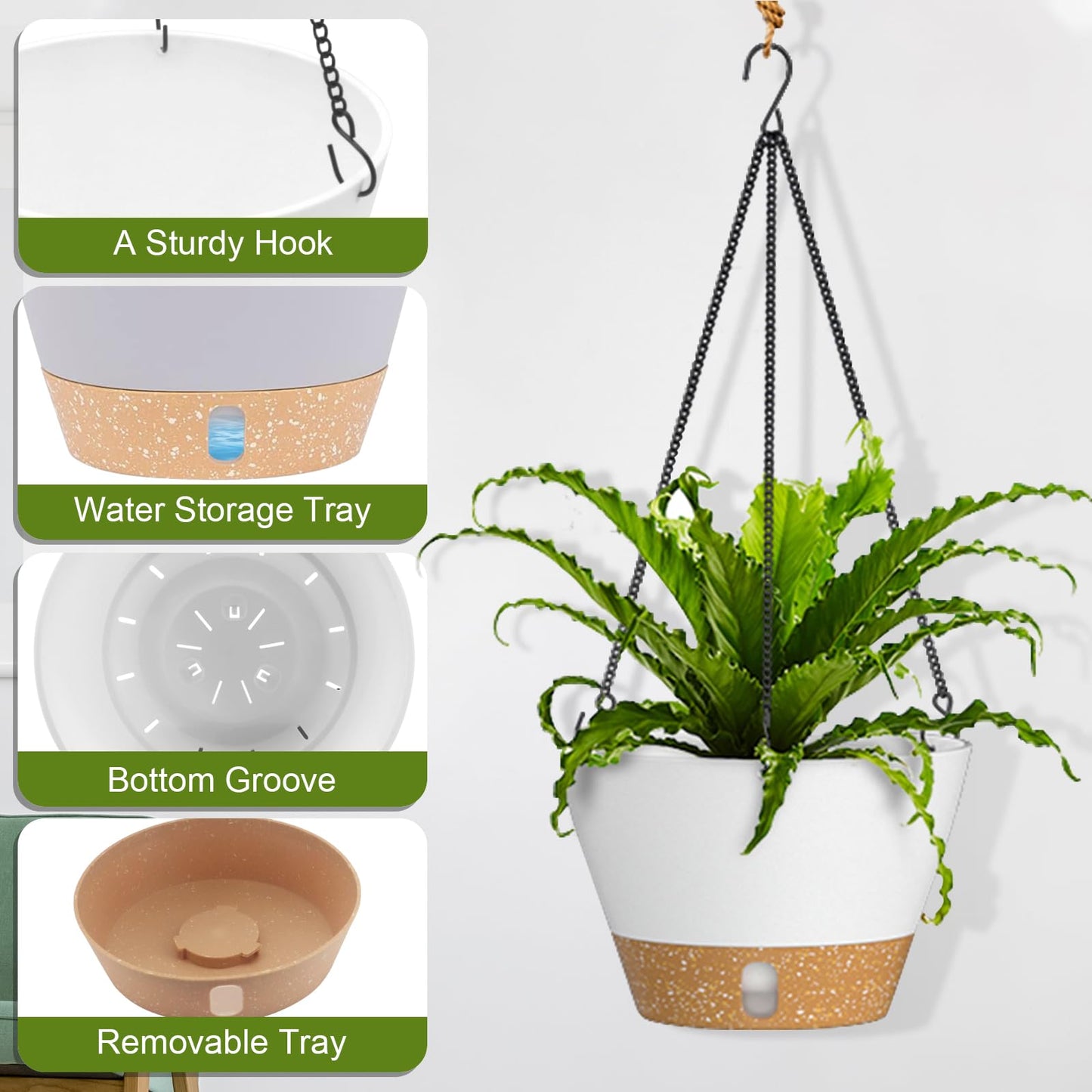 JJoexyfit 2PCS Hanging Planters for Plants Indoor Outdoor, Plant Flower Pot with Visible Water Level Tray Drainage Hole, Self Watering Planters for Garden Home (10 Inch)