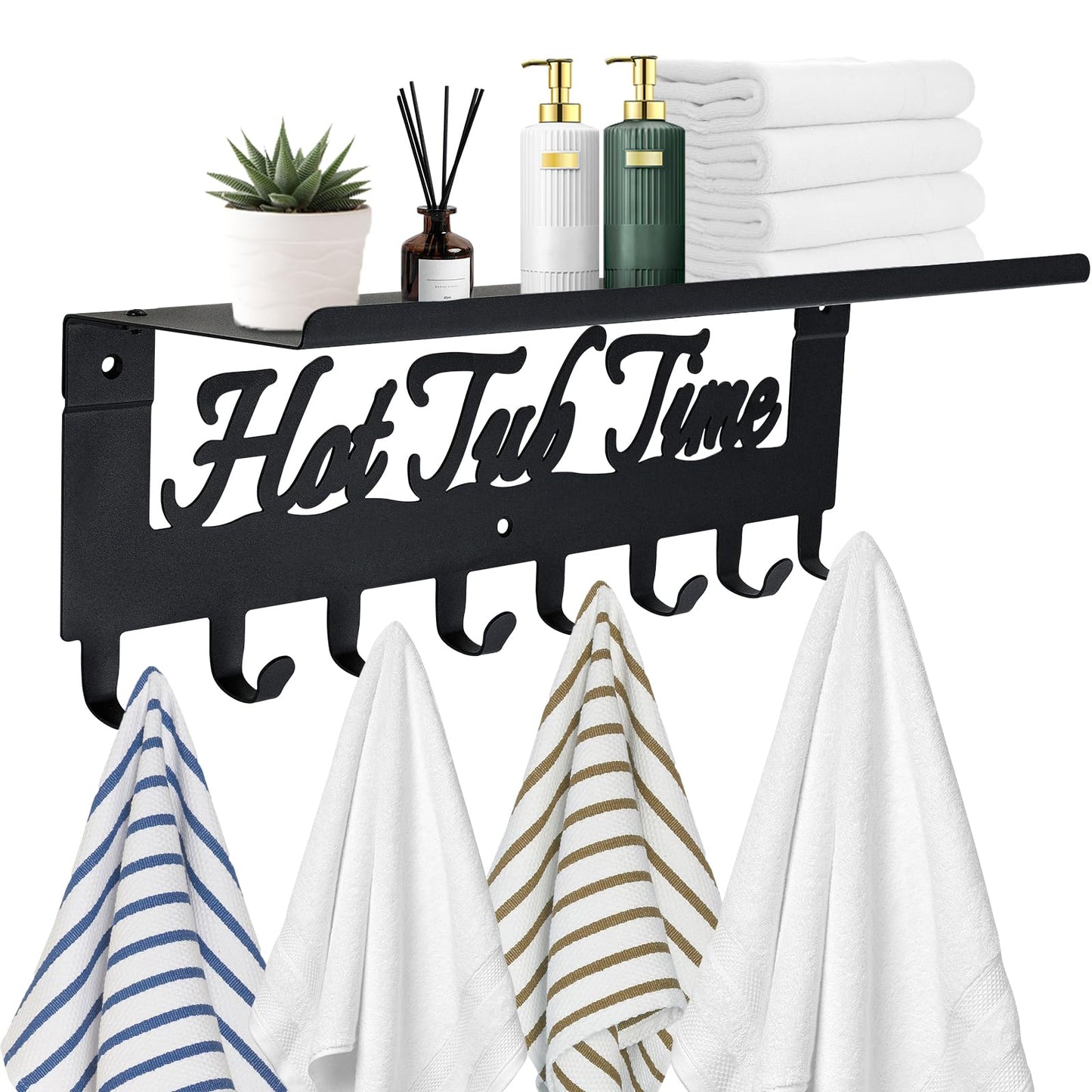 IBosins Towel Rack for Hot Tub with Shelf Bathroom Towel Holder 8 Hooks Towel Hanger Wall Mounted for Robes, Clothes, Towels - Hot Tub Accessories Outdoor