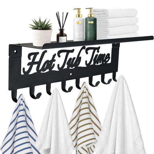 IBosins Towel Rack for Hot Tub with Shelf Bathroom Towel Holder 8 Hooks Towel Hanger Wall Mounted for Robes, Clothes, Towels - Hot Tub Accessories Outdoor