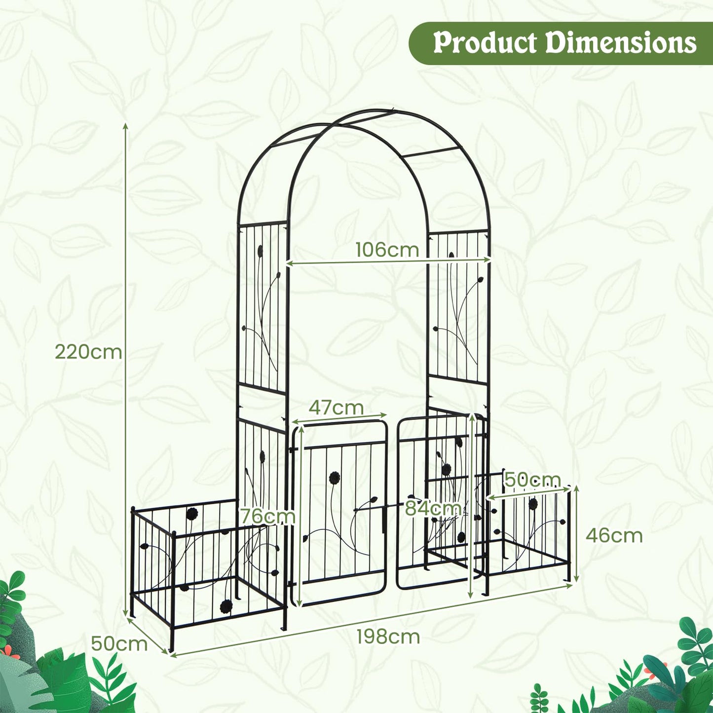 COSTWAY Garden Arch with with Gate and Planter Boxes, 2.2M Metal Pergola Arbor Trellis for Climbing Plant Rose Vines, Plants Support Archway for Lawn Backyard Party Wedding
