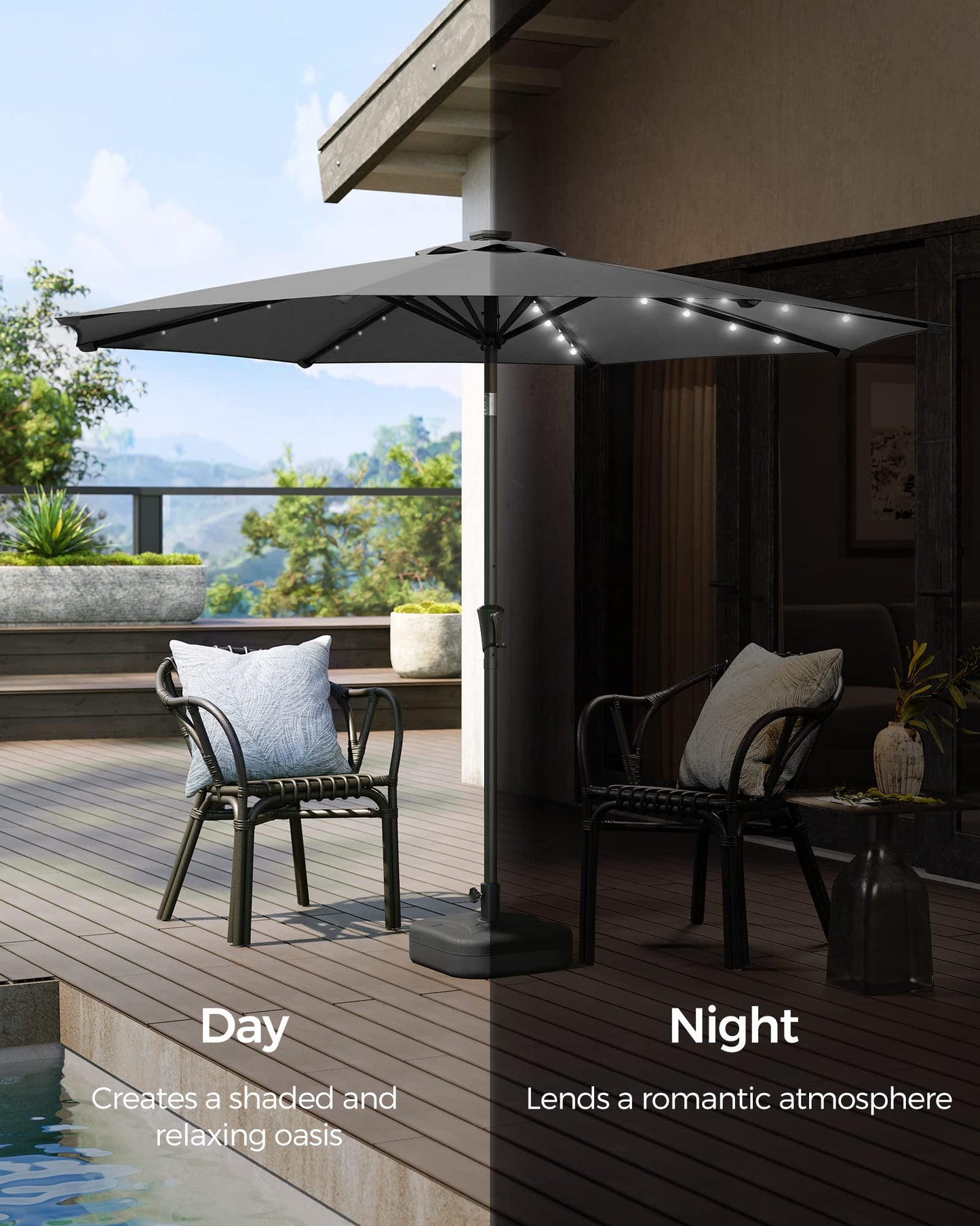 SONGMICS Parasol 300 cm with LED Solar Lighting, 32 LED Lights, UV Protection UPF 50-, 30° Bendable, for Garden, Patio, Pool, Balcony, without Stand, Grey GPU33GY