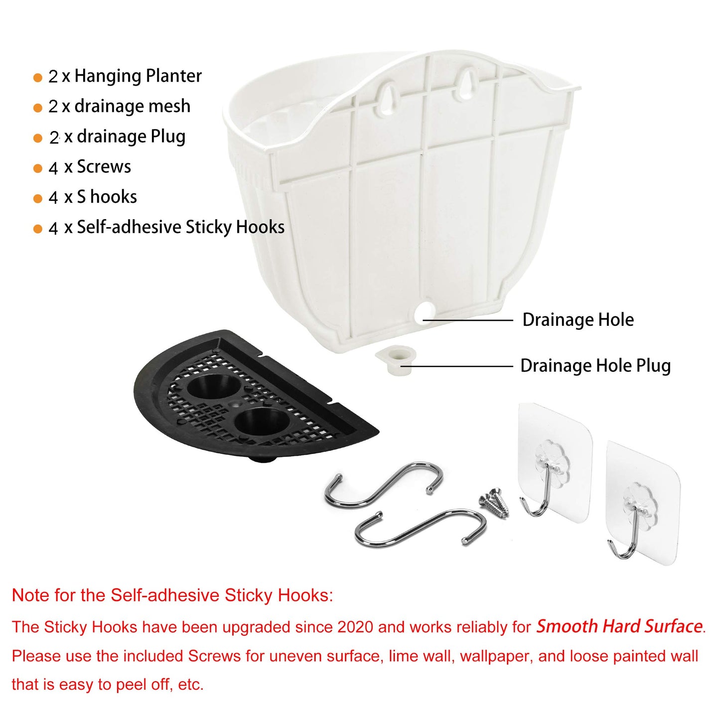 2 Pack Plastic Wall Plant Pots Vertical Garden Living Wall Mounted Window Hanging Basket Fence Planters Indoor Outdoor for Plants Flowers Kitchen Herbs Holder with Drainage Water Reservoir Decor White