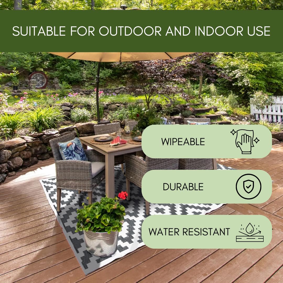 Marco Paul Large Outdoor Garden Rug Reversible Recycled Plastic Camping and Picnic Rugs, Patio, Decking Stain And Water Resistant Alfresco Grey Aztec Mat 150 x 210cm