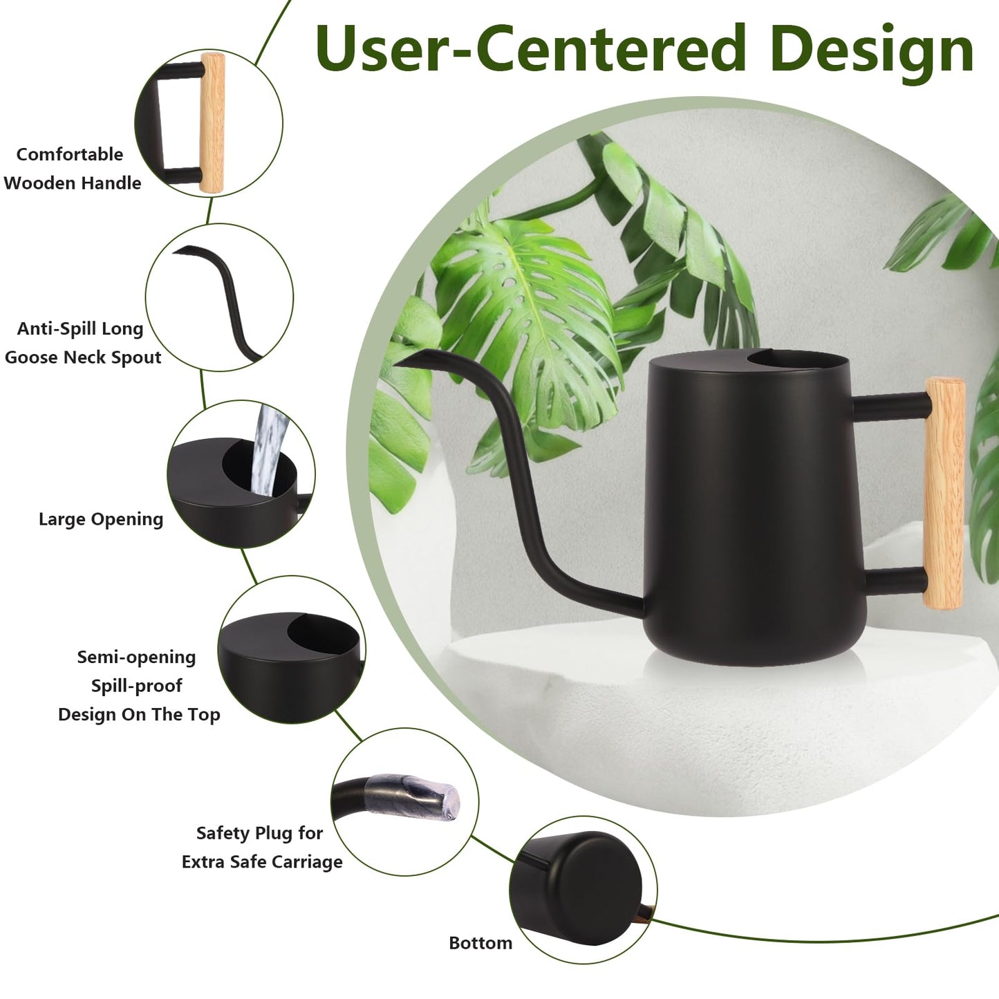 Watering Can Indoor Plants, 35oz Small Watering Can Indoor Stainless Steel Metal Watering Can Modern Decorative Watering Pot with Long Spout for Indoor House Plant Bonsai Outdoor Garden Flowers -Black