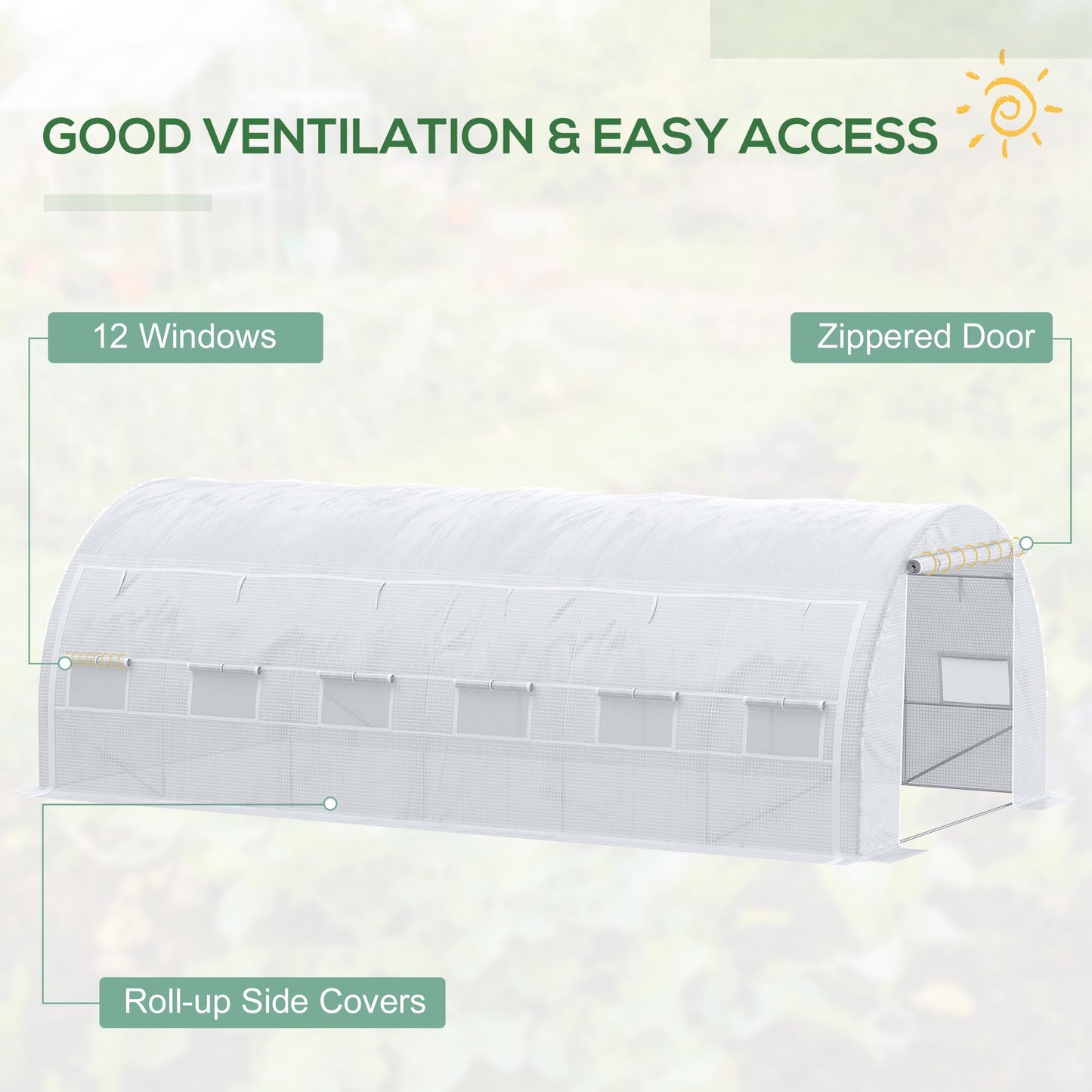 Outsunny 6 x 3 x 2 m Polytunnel Greenhouse with Roll-up Side Walls, Walk-in Grow House Tent with Steel Frame, Reinforced Cover, Zipped Door and 12 Mesh Windows for Garden, White