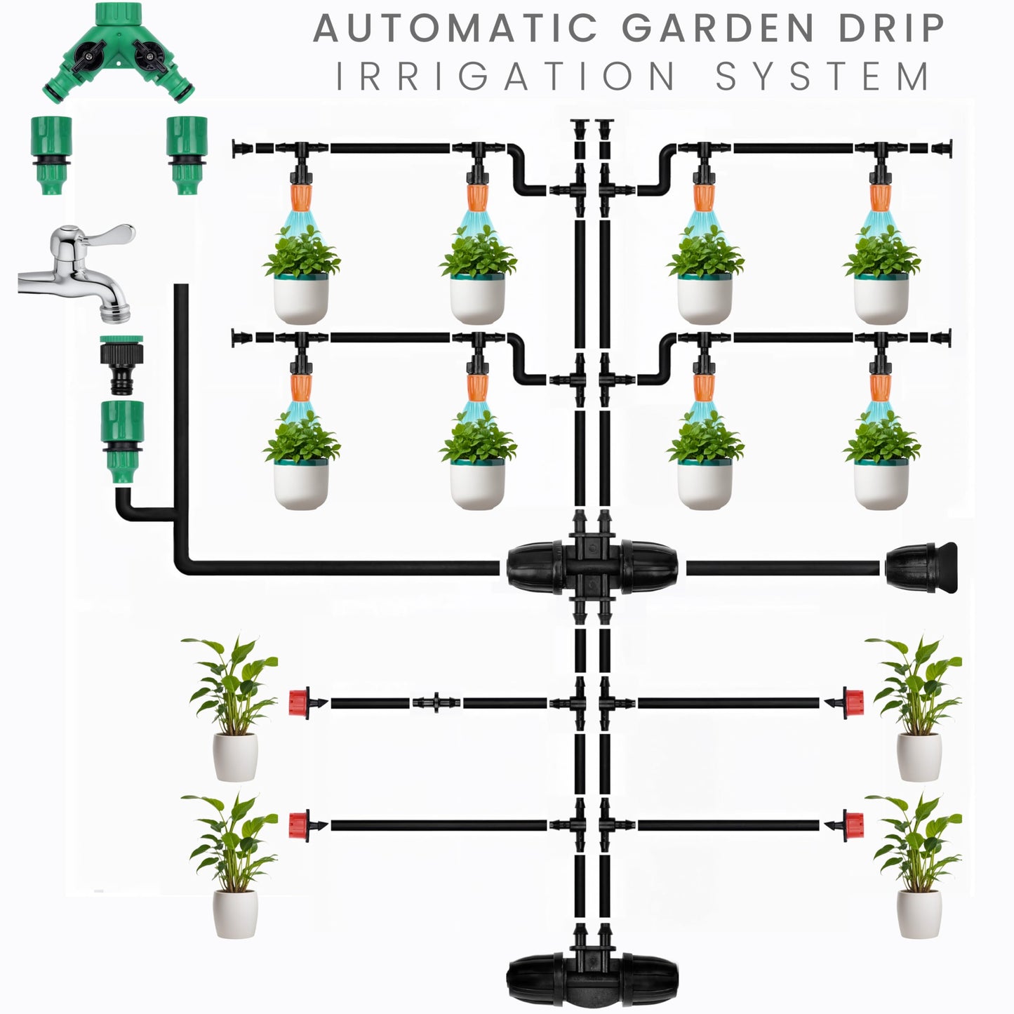 Belle Vous 340-Piece Garden Irrigation System Kit -180ft/50m Drip Irrigation Hose and Adjustable Nozzle Sprayers - Automatic Garden Watering/Misting System for Greenhouse Lawn Flowerbed & Patio Plant