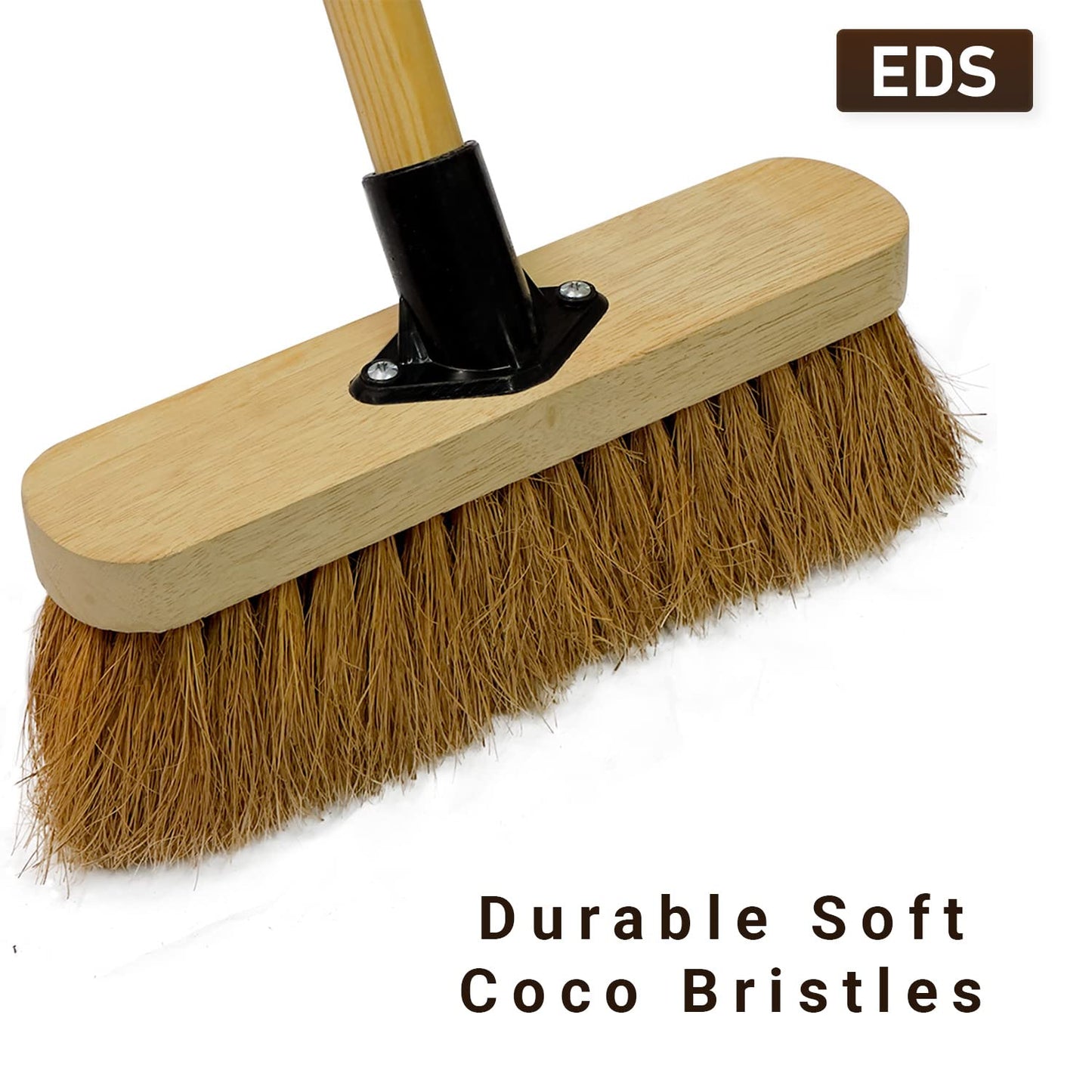 10” Soft Broom Indoor with Wooden Handle Natural Coco Bristles Sweeping Brush with Durable Support Bracket for Cleaning Any Surface Wooden Floor Decking and Paving Slabs (Pack of 1)