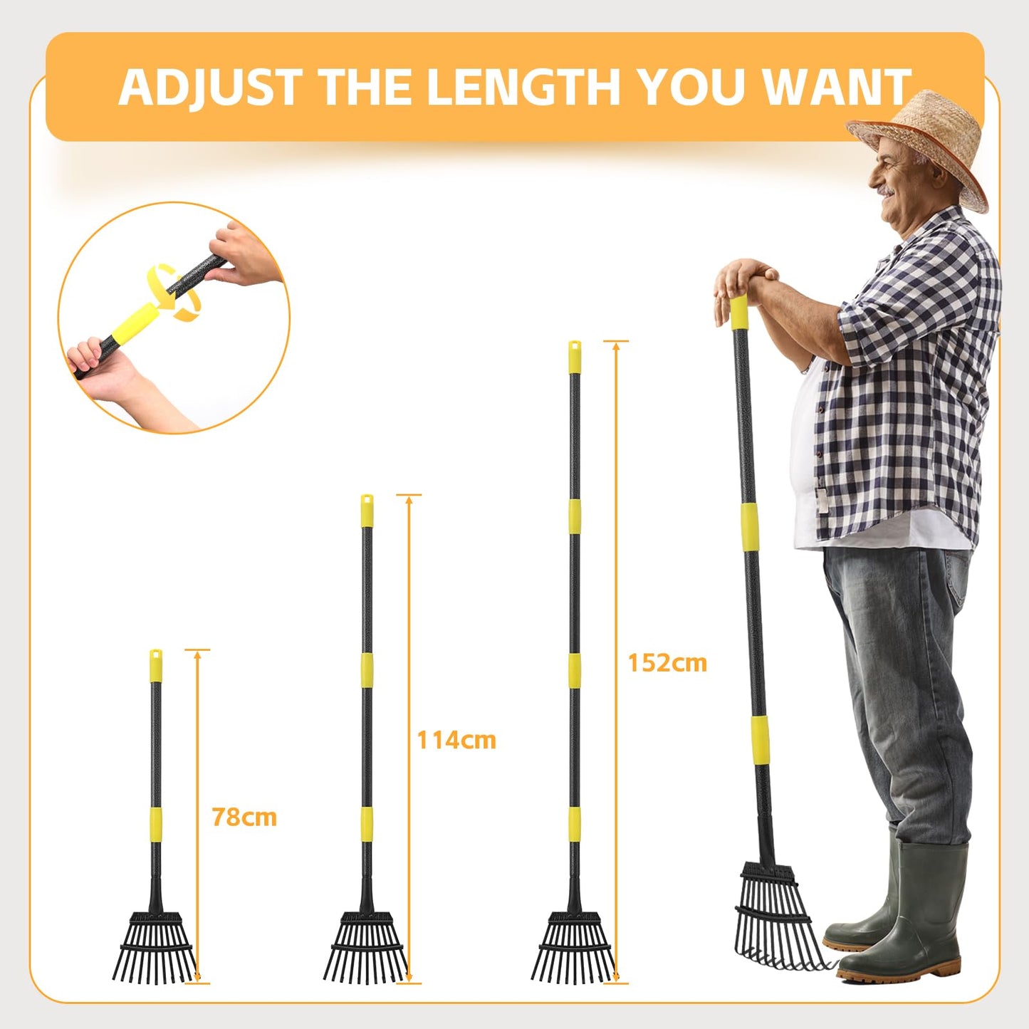 Garden Leaf Rake 5 FT, 21 cm Width 152 cm Long Heavy Duty Small Leaf Rake 11 Tines, Adjustable Steel Handle,Garden Leaf Rake Shrub Rake for Collecting Debris in Flower Bed, Delicate Plants, Lawn ,Yard