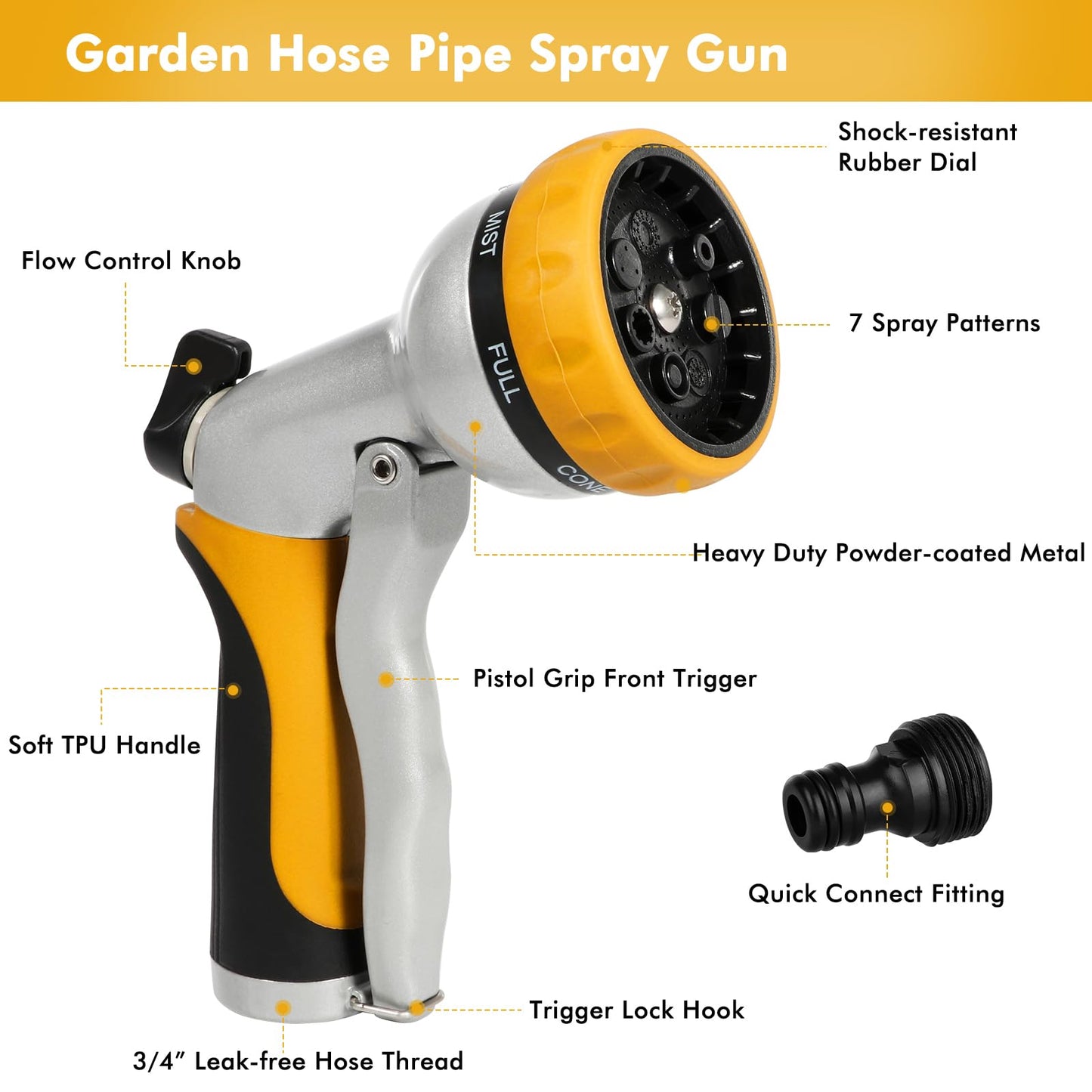 RESTMO Hose Pipe Spray Gun, Heavy Duty Garden Hose Spray Gun, High Pressure Hose Nozzle, Metal Hand Sprayer with 7 Patterns and Water Flow Control, Ideal to Water Plant & Lawn, Wash Car & Pet (Yellow)
