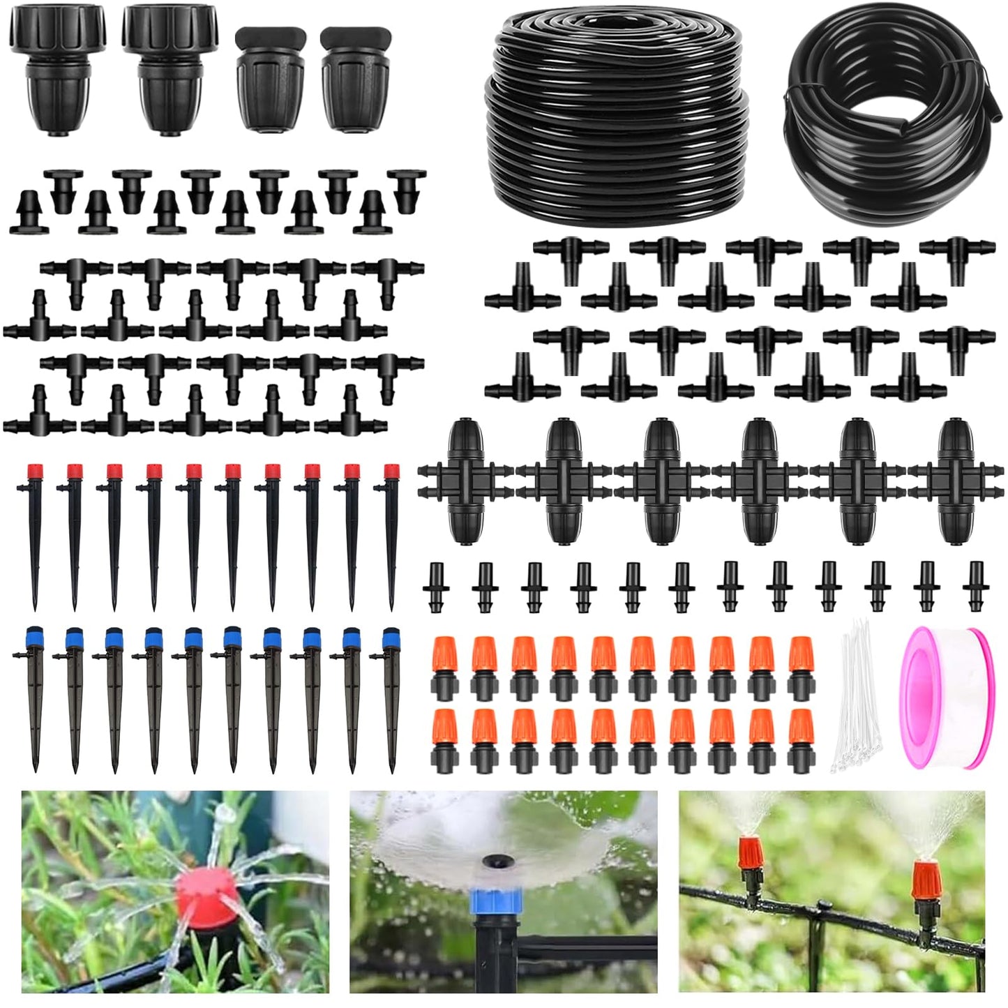 200FT-40FT Irrigation System Kit, Automatic Watering System with 8/11mm Main Irrigation Tubing 4/7mm Distribution Tubing and Accessories, Drip Irrigation System for Greenhouse, Yard, Lawn, Plant