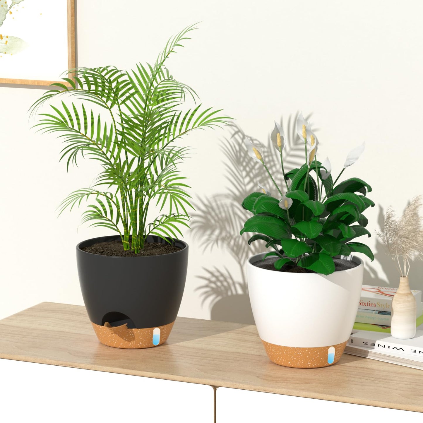 ZMTECH 25 cm Plant Pots with Drainage Holes Saucer Self Watering Planters with Watering Inlet Plastic Flower Pot for Indoor Outdoor Plants (Set of 2, White)