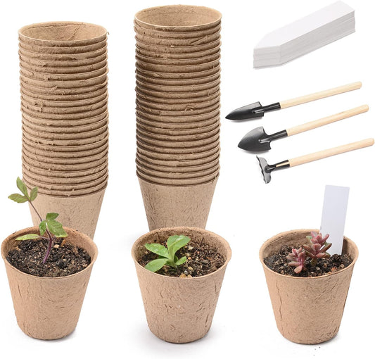 Atoke 50 Piece Seedling Pots,Seed Starter Pots Biodegradable Plants Pots,3 Pcs Mini Seedling Tools for Garden Germination Nursery Pot for Indoor Outdoor,Beige