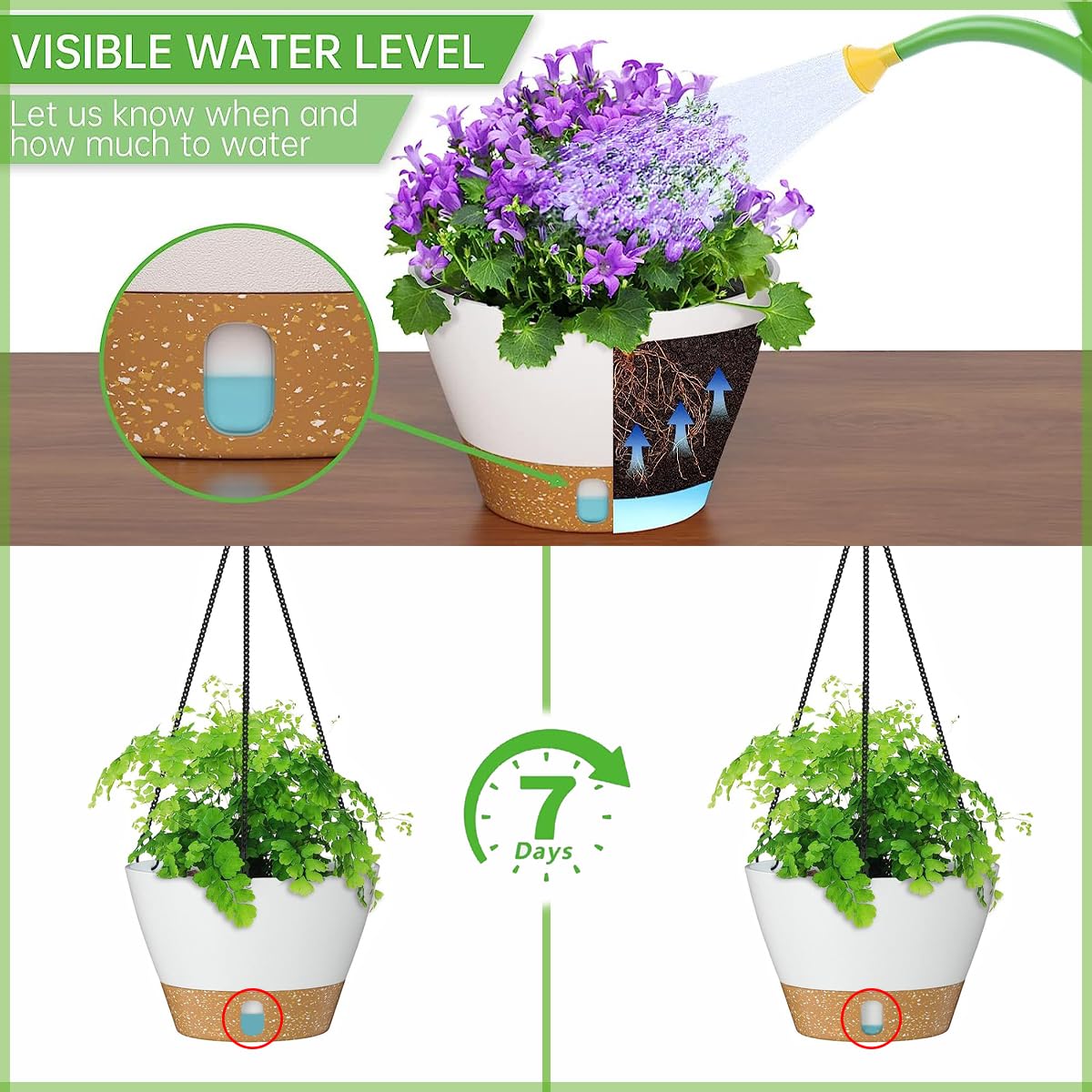 LSRVNM 3 Pack Hanging Plant Pot, Self Watering Planter with Removable Visible Water Tray Drainage Holes Chain Hooks, Hanging Flower Pot for Indoor Outdoor Garden (White)