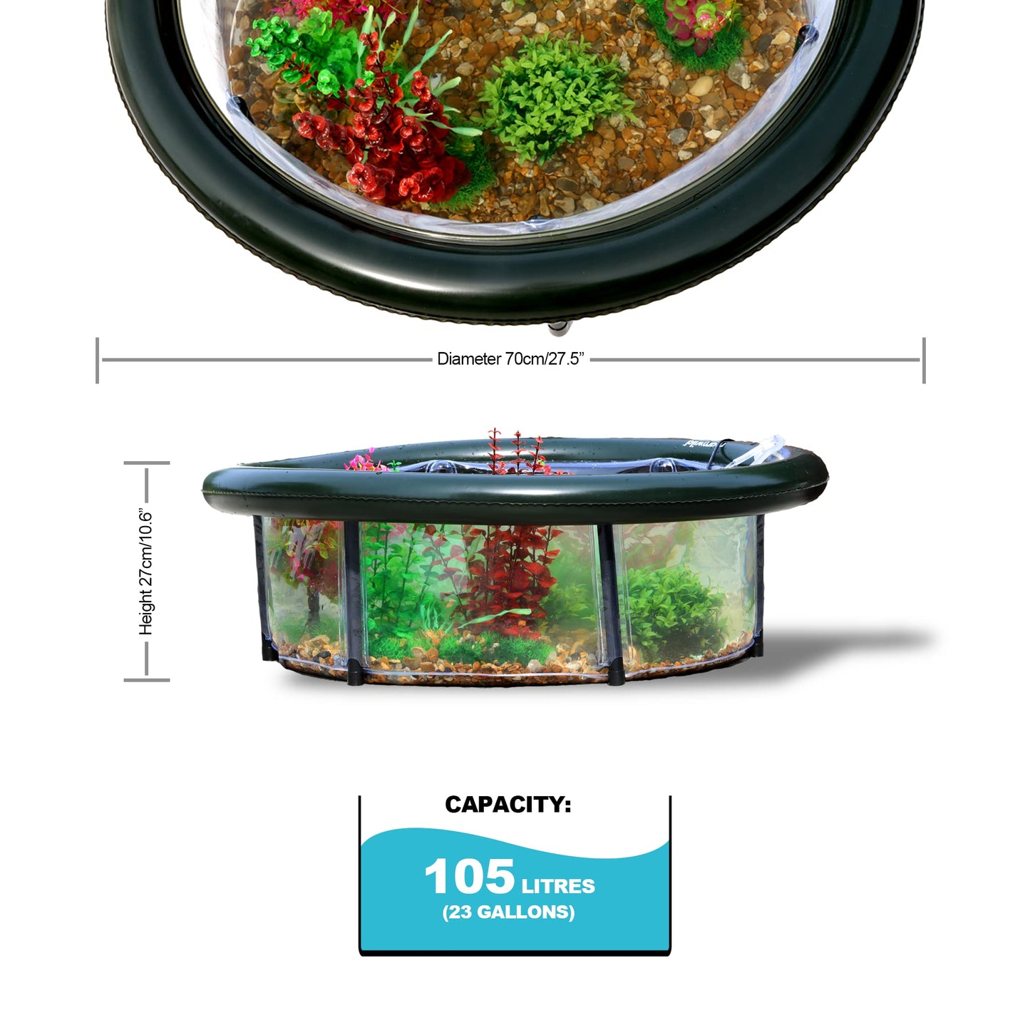 Roamwild Pop Up Pond Garden Water Feature Pond Set - Raised Aquarium For Patio Kit With Easy Fit Aeration Pump - 700mm/27.5 inches Diameter x 270mm/10.62 inches high. Capacity 105 l / 23 Gallons