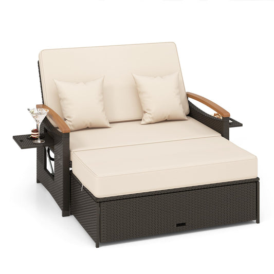 RELAX4LIFE Outdoor Rattan Daybed, Wicker Sun Bed Lounger with 4-Level Adjustable Backrest, Retractable Tray, Storage Ottoman & Cushions, Garden Loveseat for Yard Porch Poolside (Beige)