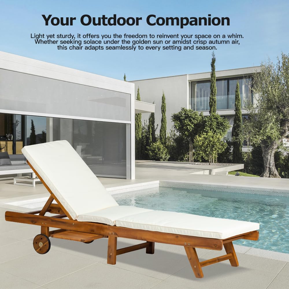Panana Solid Acacia Wood Sun Lounger Outdoor Seating Folding Recliner Chair Portable Chaise Lounge with adjustable Backrest, Wheels, Cushion for Garden Poolside Patio