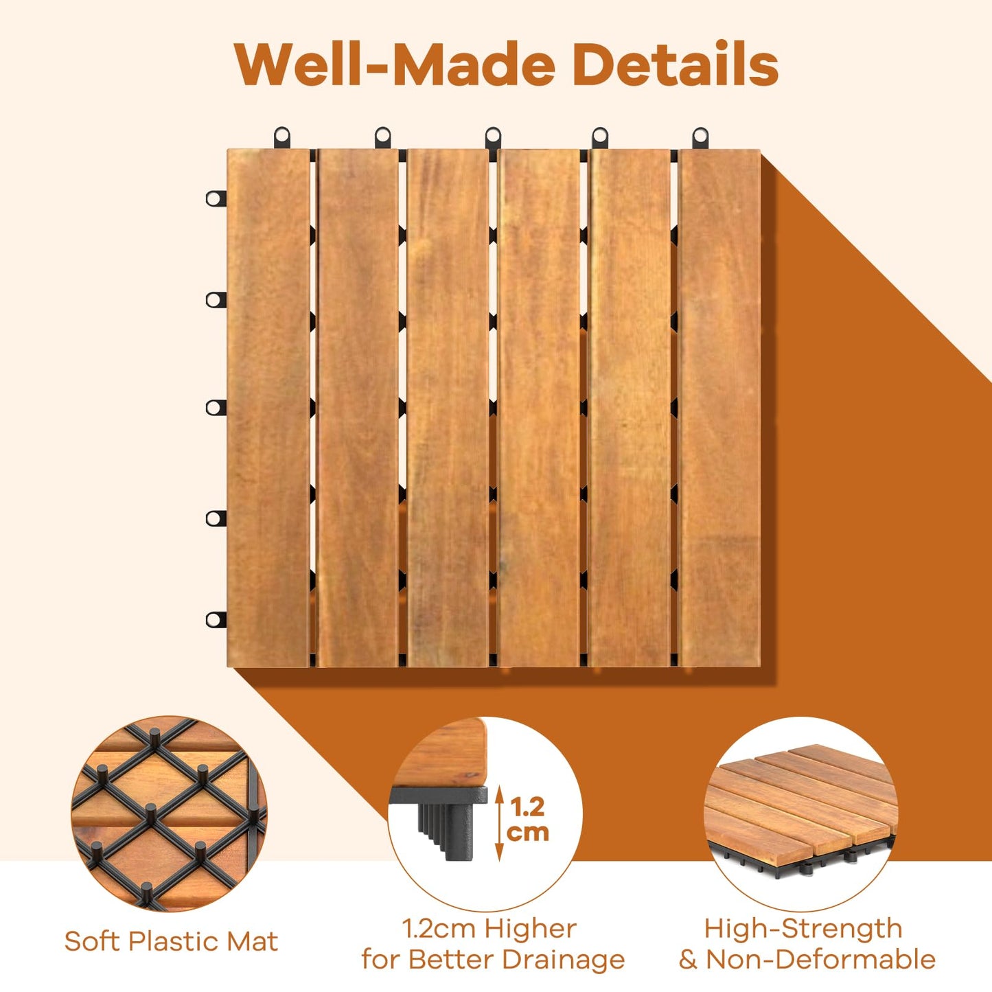 COSTWAY 27 Pcs Decking Tiles, 30 x 30cm Acacia Hardwood Interlocking Floor Tiles, Cuttable Deck Tile for Indoor Outdoor Patio Garden Balcony Pavement, Tools Free Assembly