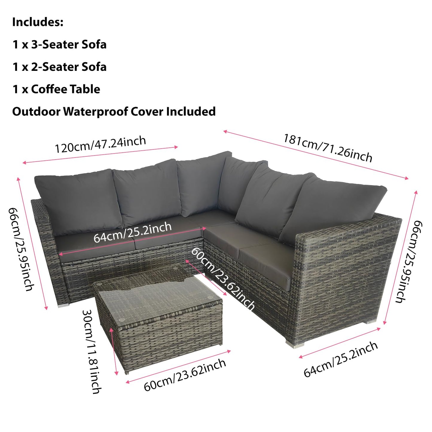 COZYBRITE Garden Corner Sofa Rattan Furniture Set 5 Seater Patio Outdoor Lounge Settee with Coffee Table Cover All-weather SFS099-3