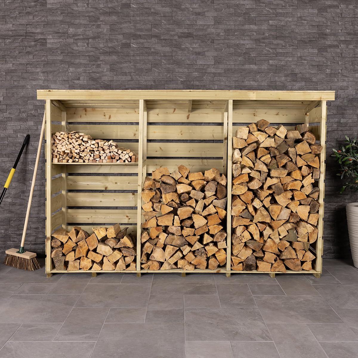 CHARLES BENTLEY FSC Certified, Triple Log Store, Garden, Wooden Log Store, Heavy Duty, Firewood Storage, Kindling, Treated Wood, Slatted Design, Slanted Roof, Raised Floor, Spruce (237x152x56cm)