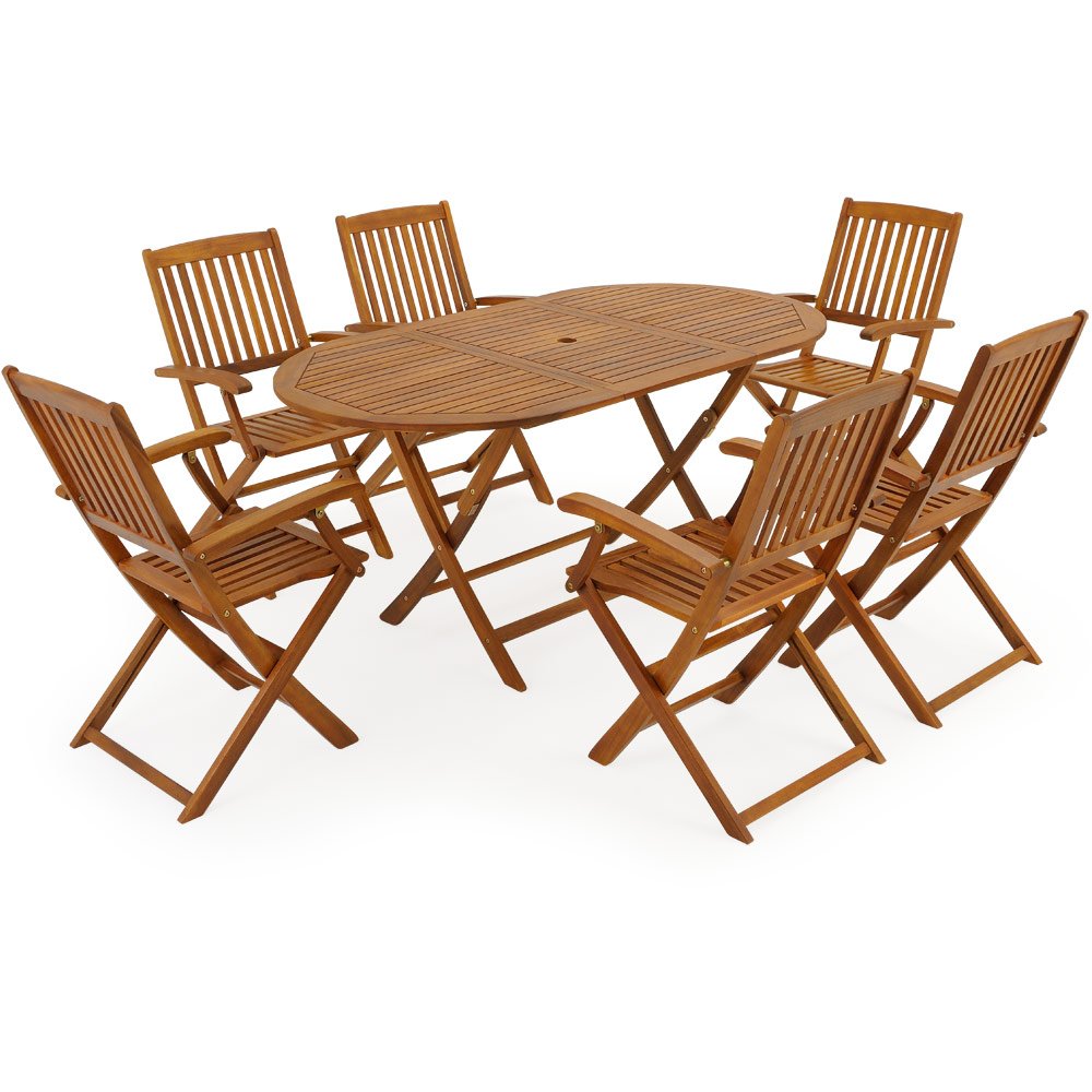 CASARIA® Boston Oval Dining Table and 6 High Back Chairs | FSC®-Certified Acacia Wood | Folding Conservatory Patio Outdoor Furniture Set | Weather Resistant | 160 x 85 cm