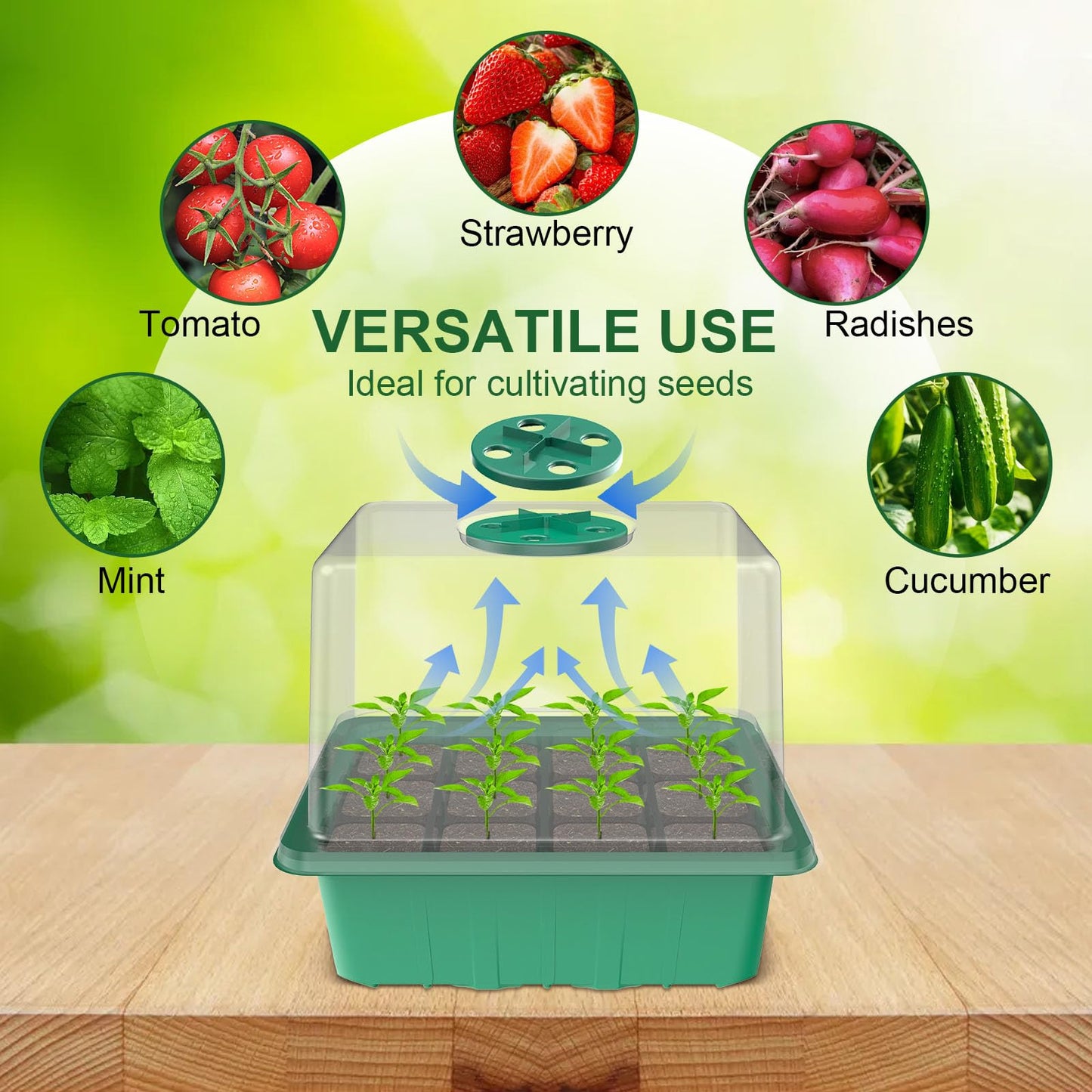 MQUPIN Seed Trays, 10 Pack 120 Cells Seed Propagators with Heightened Lid, Seedling Starter Reusable Growing Trays for Plants with Adjustable Window for Indoor or Outdoor, Green