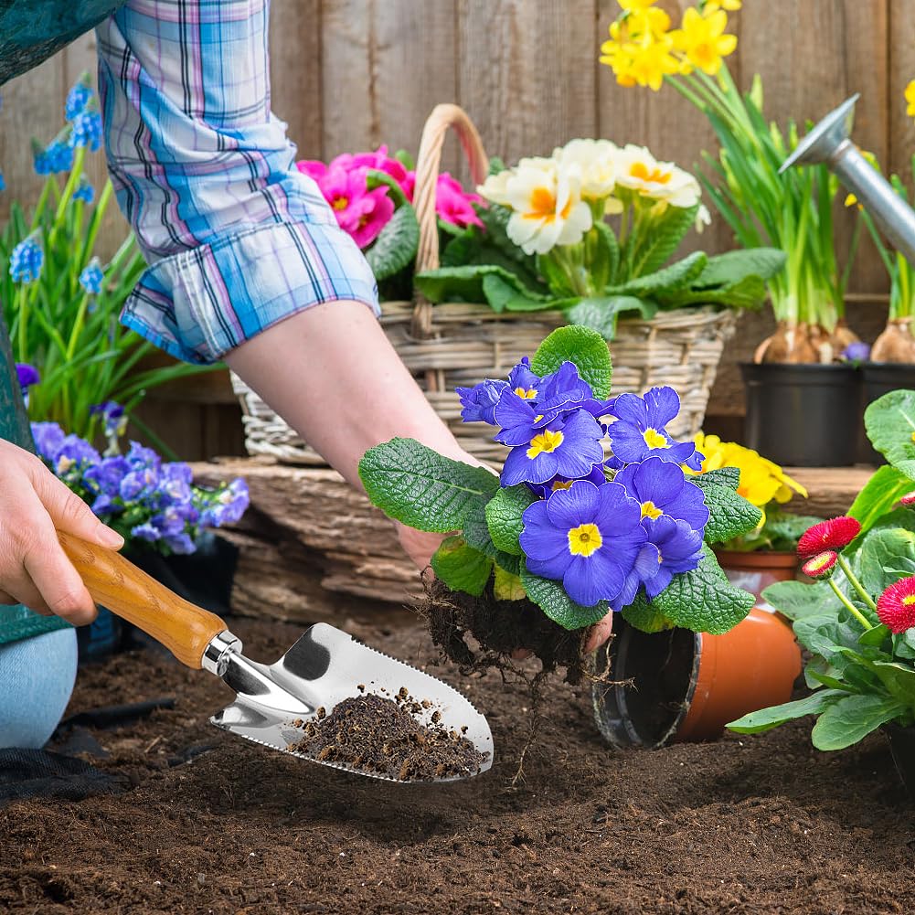 Garden Trowel, Hand Trowels Shovel with Measuring Depth Mark, Ergonomic Wood Grain Handle, Stainless Steel Gardening Tool for Planting, Weeding, Transplanting and Smoothing Soil (Trowels-1)