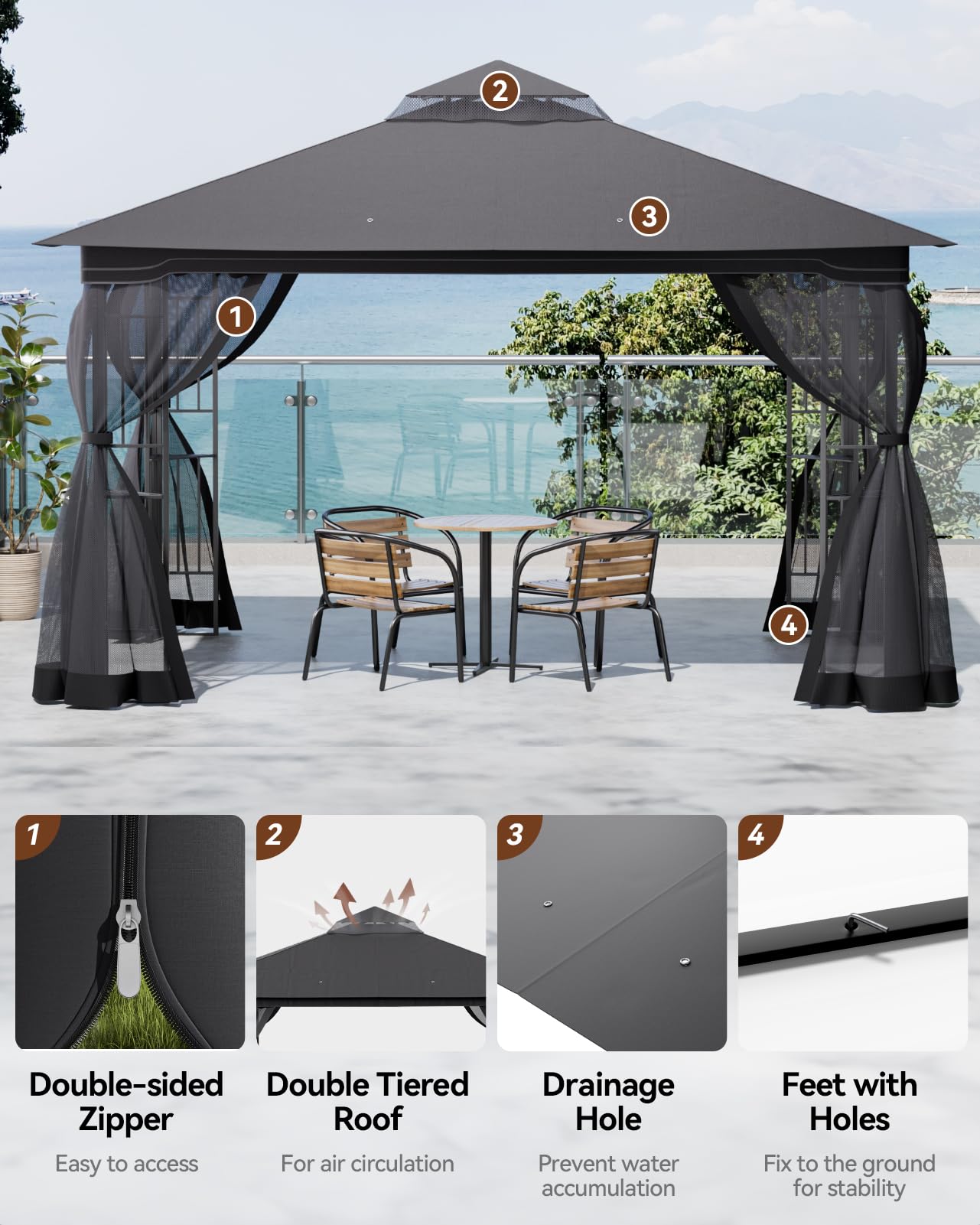 The Fellie 3M x 4M Gazebos with Double Tiered Roof, Large Outdoor Garden Gazebos with Mosquito Netting, Heavy Duty Metal Gazebos for Garden, Patio, Party, Camping, Waterproof, Dark Grey