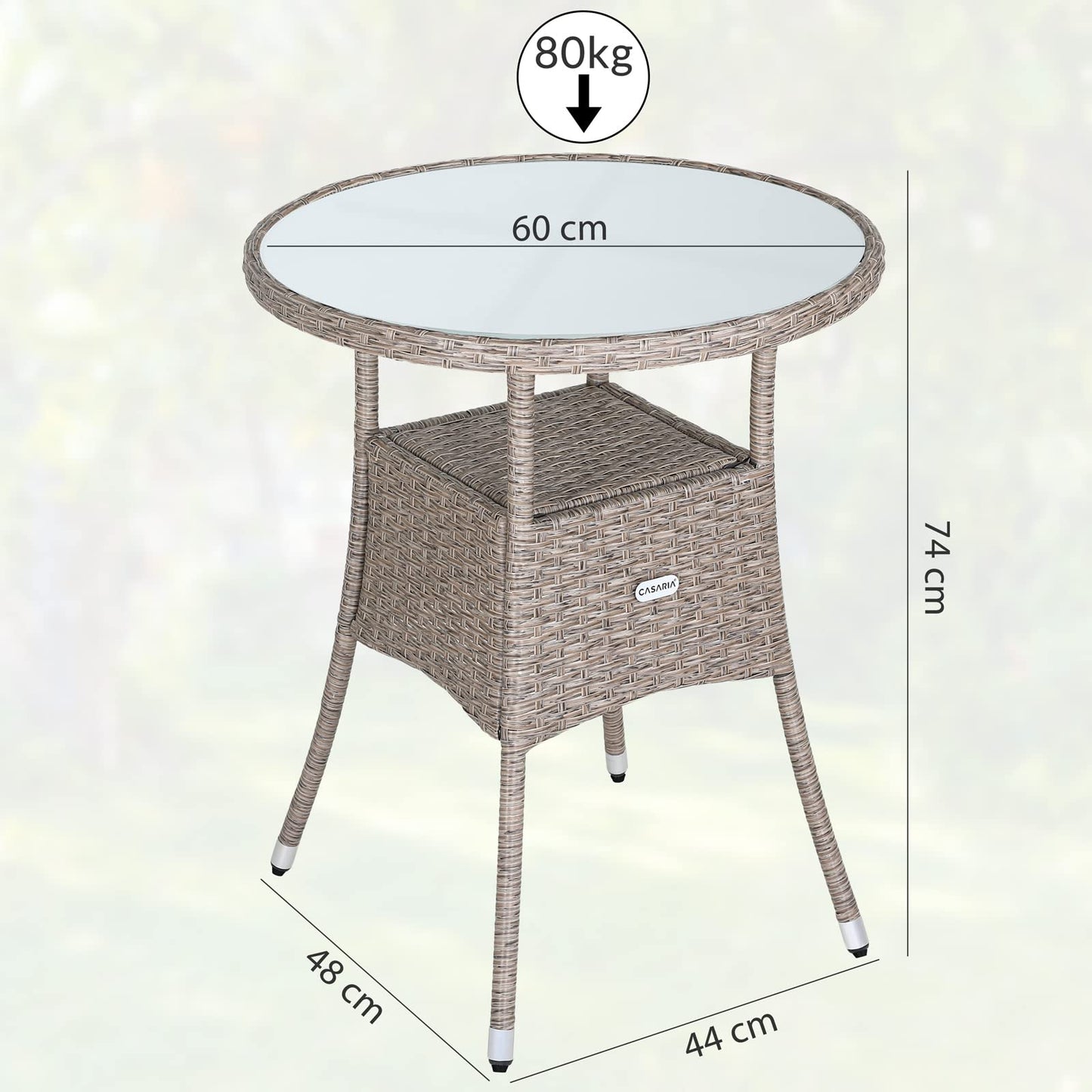 CASARIA® Round Coffee Table | Garden Table With Frosted Safety Glass Plate | Poly Rattan Outdoor Side Table | Weatherproof Patio Furniture | Balcony Bistro Cafe | 60cm | Beige