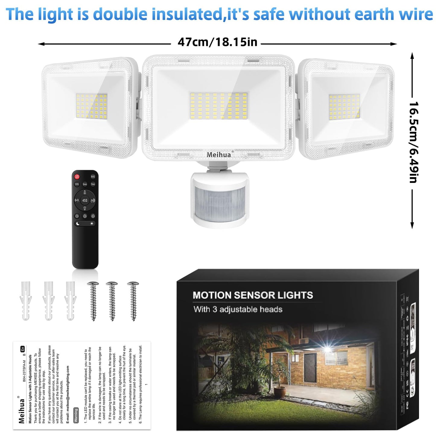 MEIHUA 70W Security Lights Outdoor Motion Sensor, 6580LM PIR Floodlight 4 Modes with Remote Control, IP66 6500K Motion Sensor Lights Outdoor with 3 Adjustable Heads for Garden, Yard, Patio, Garage