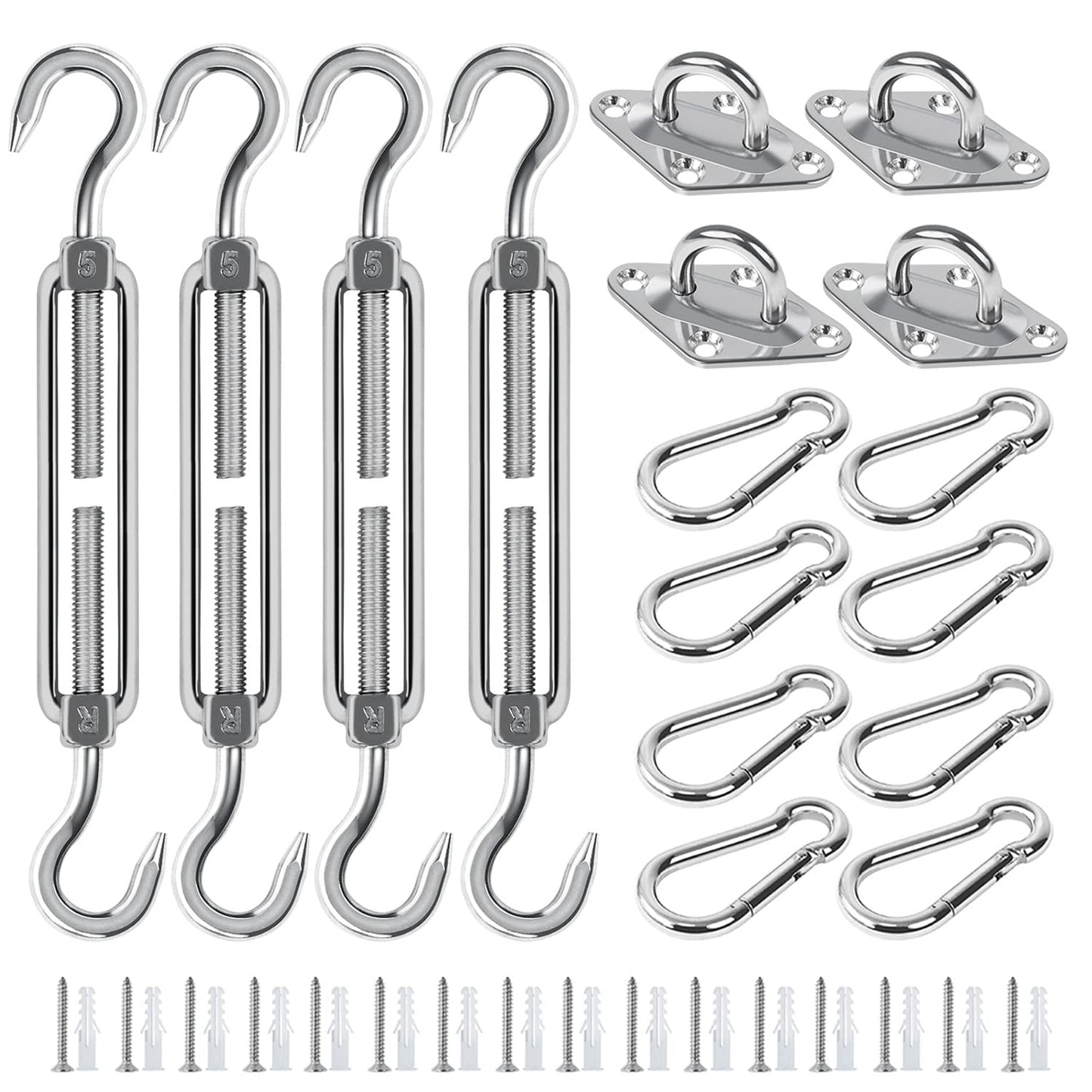 Covlongyu Awning Attachment Set, M5 Heavy Duty Sun Shade Sail Stainless Steel Hardware Kit for Rectangular/Triangles and Square, Suitable for Garden/Outdoor/Patio Lawn Sunshade Hooks (48pcs)