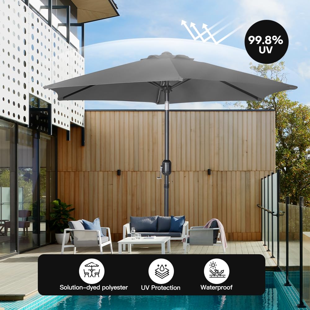 Panana Garden Parasol Sun Shade Outdoor Umbrella 8 Sturdy Ribs with Crank and Tilt Mechanism for Patio, Deck, Patio and Balcony (Dark Grey, 2.7M)