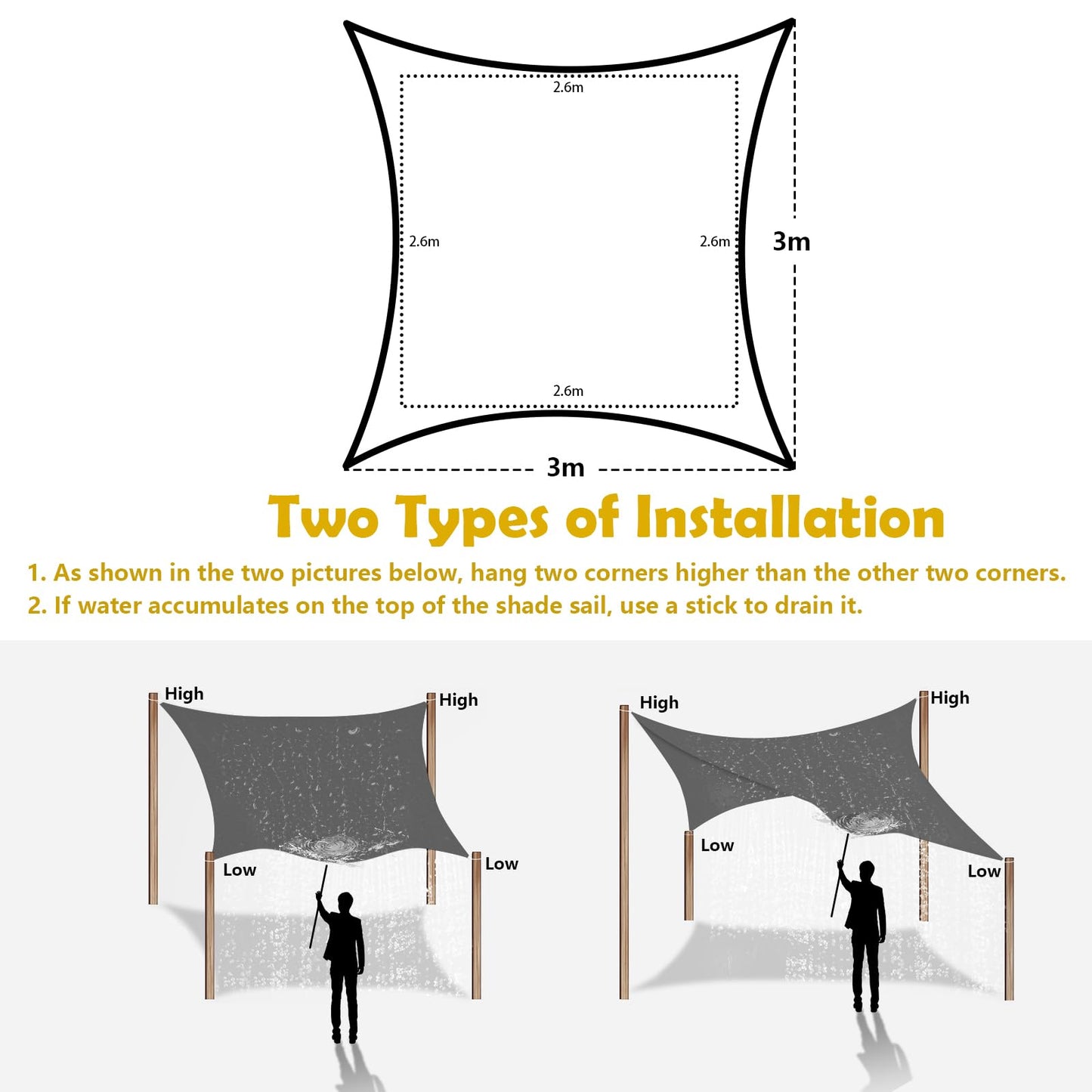 Mokani Sun Shade Sail for Garden, 3x3m Rectangle Sunscreen Awning Canopy, Waterproof Shade Sails with Accessories, 95% UV Block Sail Shades, Sun Shades for Garden Outdoor Patio Party Pergola Balcony