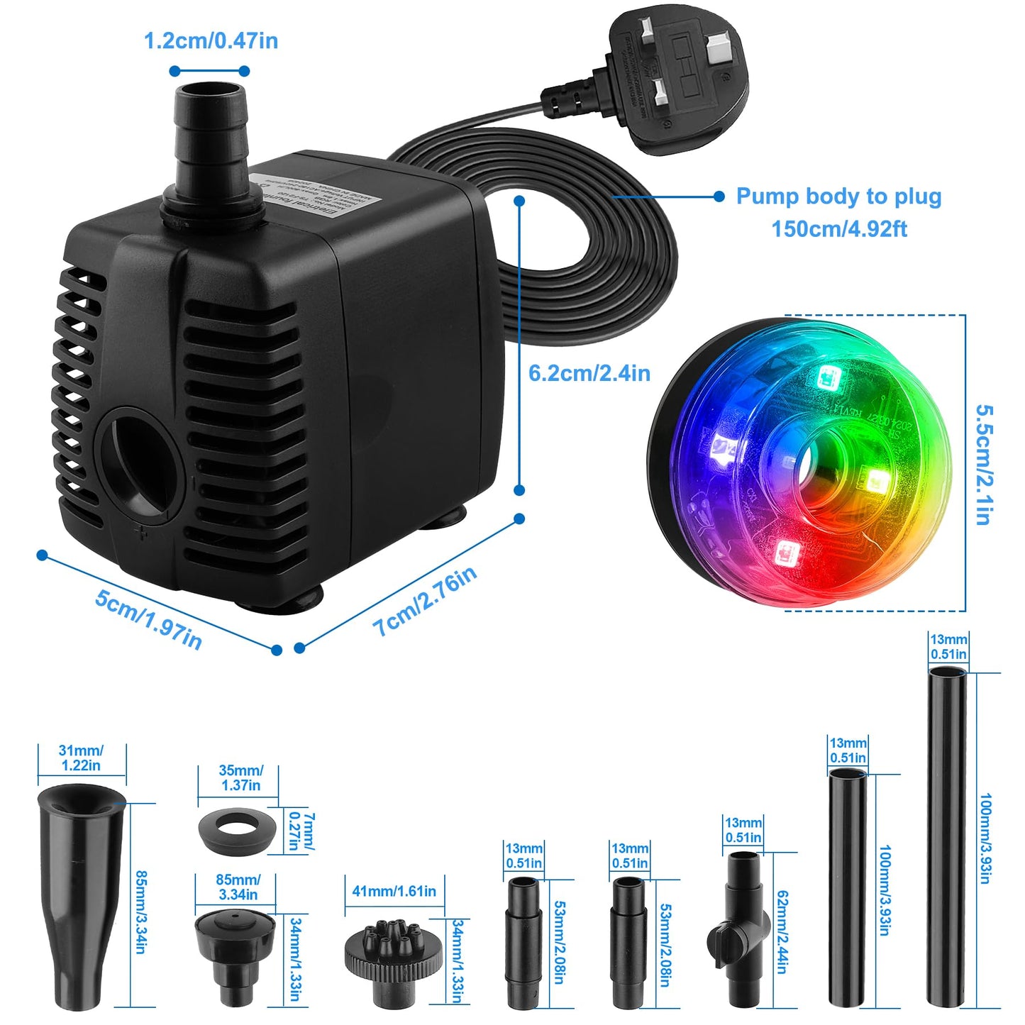 NATPOW Mini Submersible Water Pump, 800L/H Fountain Pump with 3 Colorful LED Lights, Pond Pumps with Mushroom and Blossom Spray Head for Aquarium Fish Tank, Outdoor Fountain, Water Feature