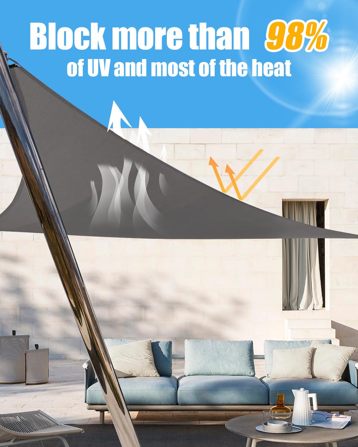 Triangle Sun Shade Sail Waterproof, 3x3x4.3m Garden Sail, PES Awning Canopy 98% UV Block With Rope, Outdoor Patio Party Awning with Install Accessories, Weather Resistant Durable Garden Shade Sail