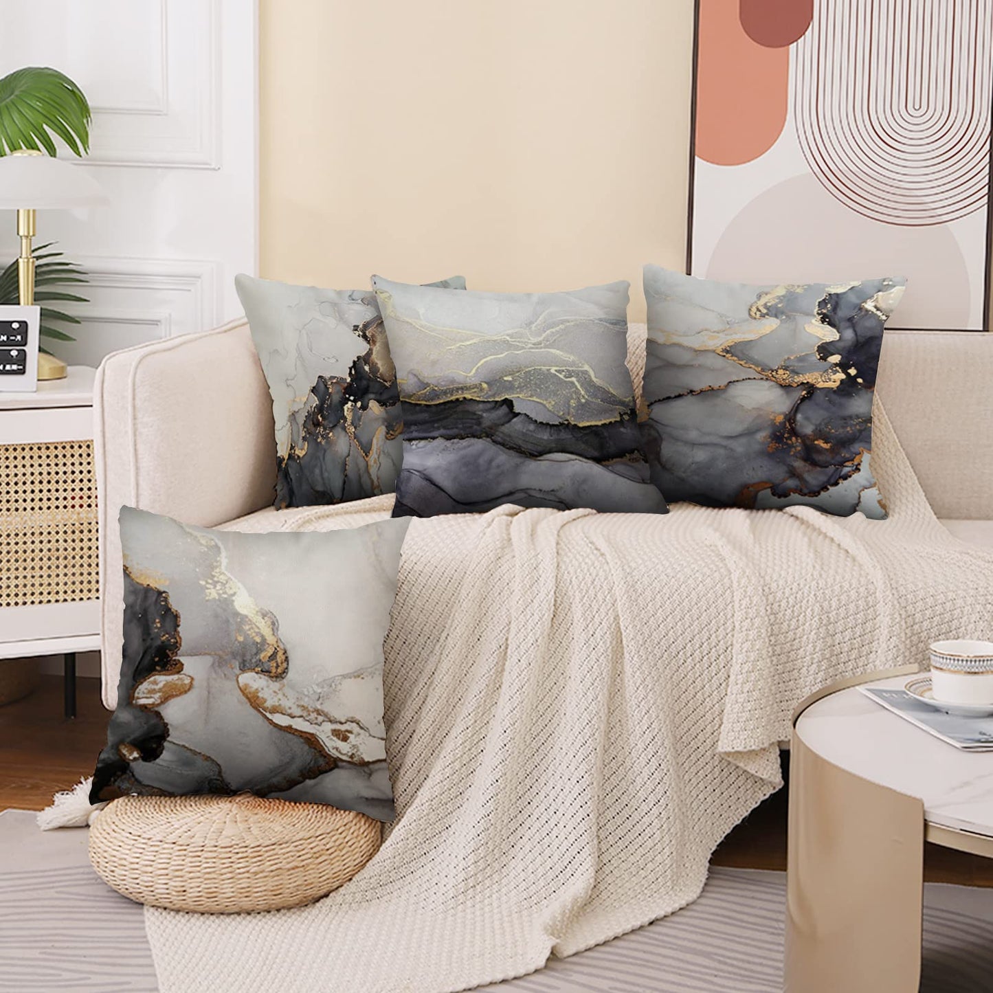 Minicoco Cushion Covers Outdoor Cushions Covers Linen Cushion Cover Outdoor Cushions for Garden Furniture 4 Pack Throw Pillow Case for Garden, Sofa 45 x 45cm (Black Marble)