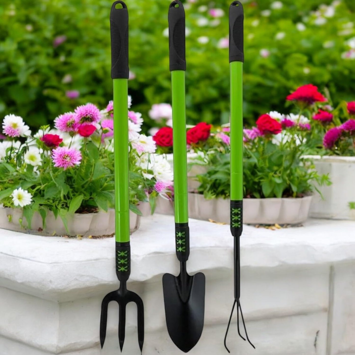 HomeVibe 3PC Telescopic Garden Hand Tool Set – Extendable Gardening Fork, Trowel & Cultivator – Adjustable Handle for Comfortable Planting & Weeding