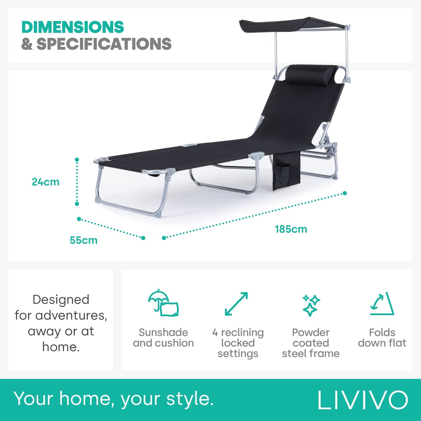 LIVIVO Folding Sun Lounger with Adjustable Back and Leg Rests, Adjustable Sunshade and Side Pockets – Relax in Comfort and Style – Folding Lightweight Frame (Black)