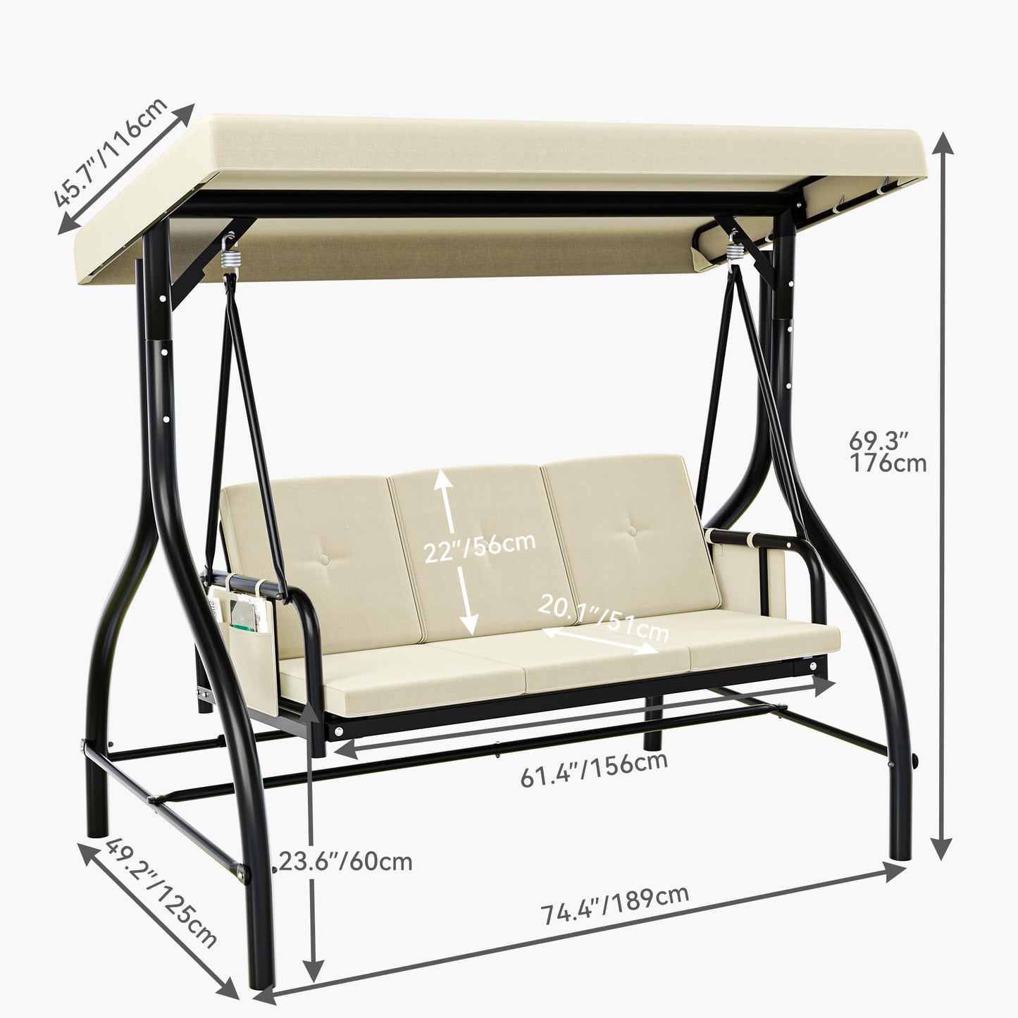 YITAHOME Canopy Garden Swing 3-Seats Outdoor Patio Swing Heavy Duty Swing Chair with Adjustable Canopy Removable Cushion, Suitable for Adult in Garden, Poolside, Balcony, Beige