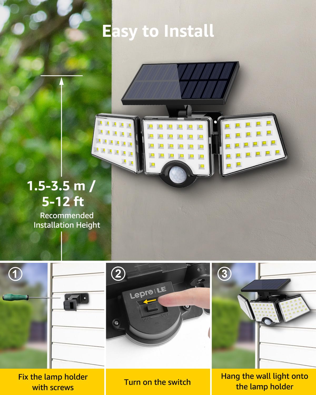 LE Lepro Solar Security Lights, 1200LM Solar Floodlights Motion Sensor with 360 Degree 3 Adjustable Heads, IP65 Waterproof, Wide Lighting Angle Solar Lights Outdoor for Yard Garage Pathway