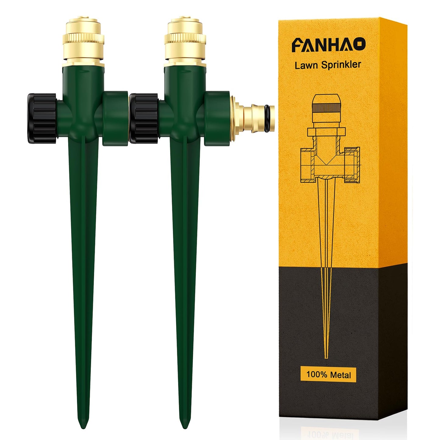 FANHAO 2 Pack Metal Lawn Sprinkler for Yard, Automatic Garden Water Sprinkler on Spike Base, Adjustable Brass Sprinkler Nozzle 360 Degree Large Area Coverage for Lawn Grass Patio Garden Irrigation…