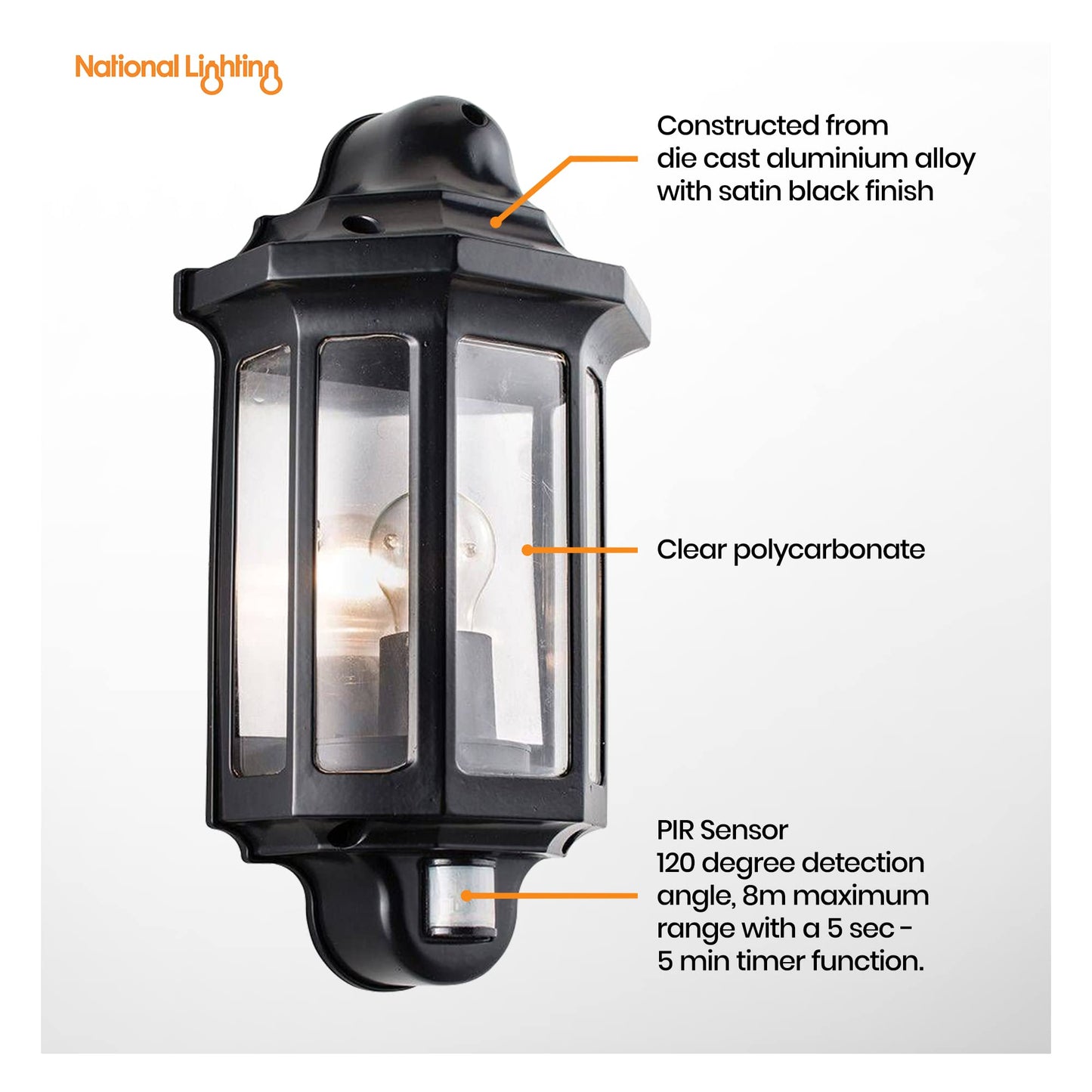 National Lighting Black Outdoor Security Lights - PIR External Wall Light - Motion Sensor Presence Detector Half Lantern Garden Porch Wall Lamp - IP44 Rated 60W GLS ES or LED E27 (Not Included)