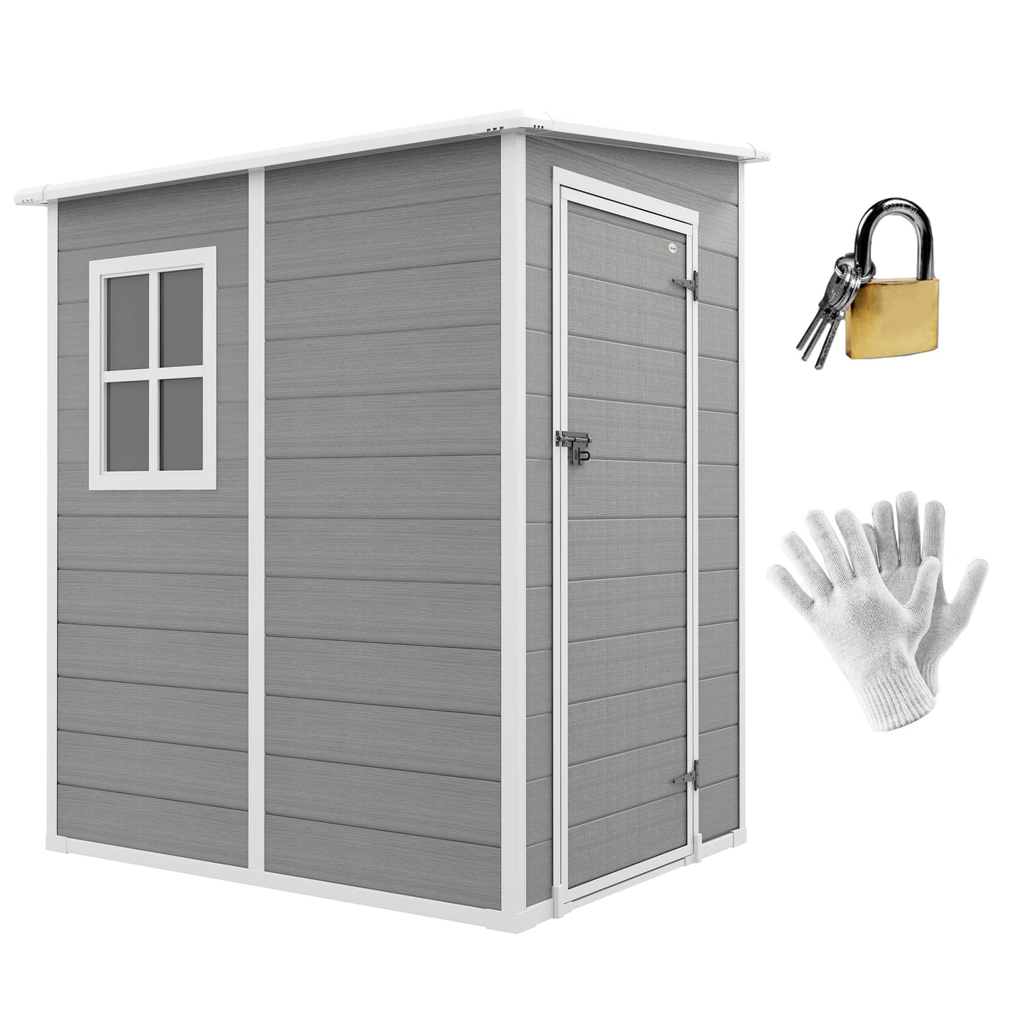 Outsunny 4 x 5FT Plastic Garden Shed, Lean to Shed, Lockable Tool Storage House with Window, Vent and Plastic Roof, Grey