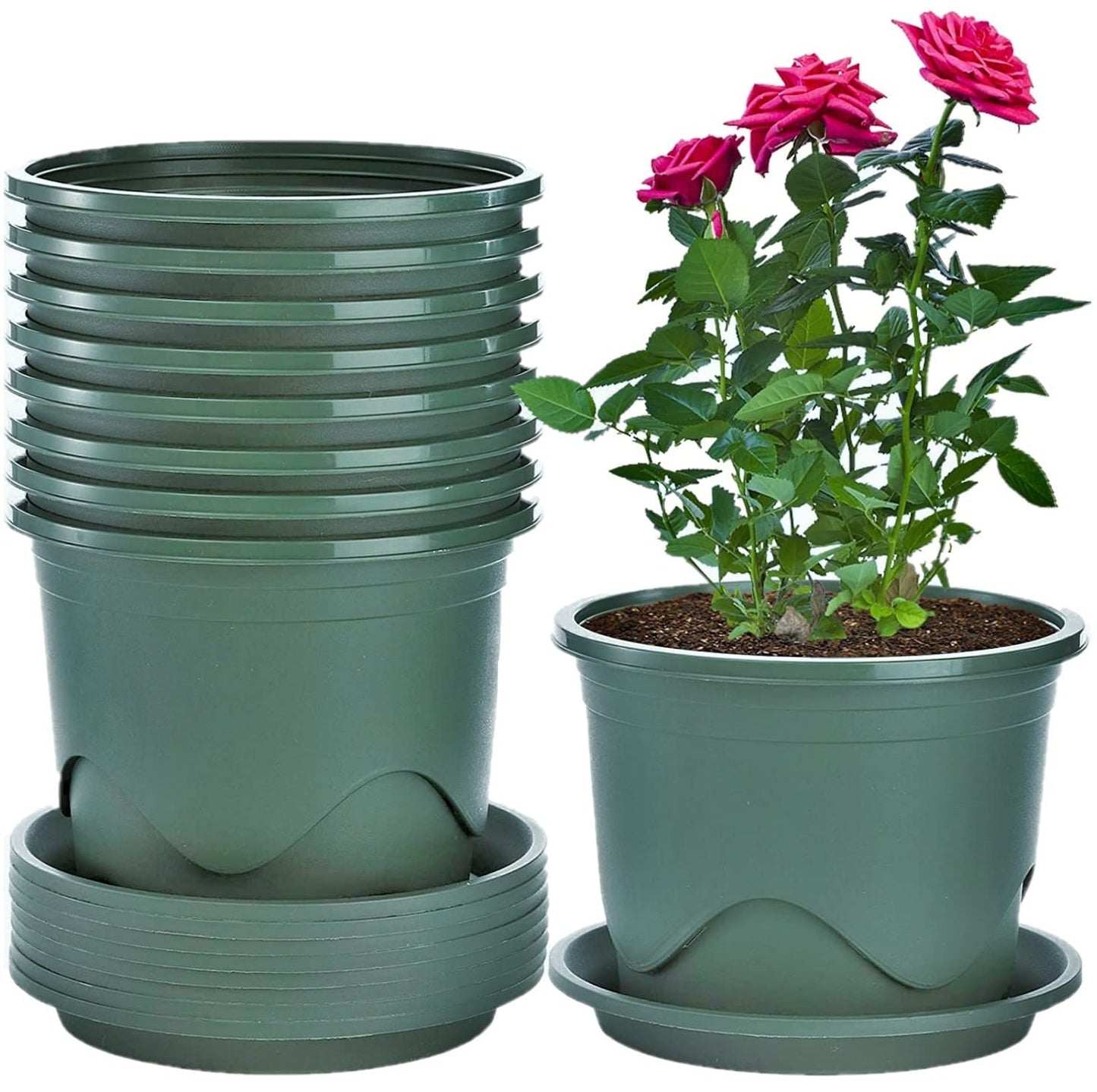 KAHEIGN 6Pcs Plastic Plant Pots, 16CM Thicken Flower Pot Root-Control Nursery Seedling Planter Decorative Garden Plant Container with Saucer for Indoor Outdoor Bonsai Plants (Green)